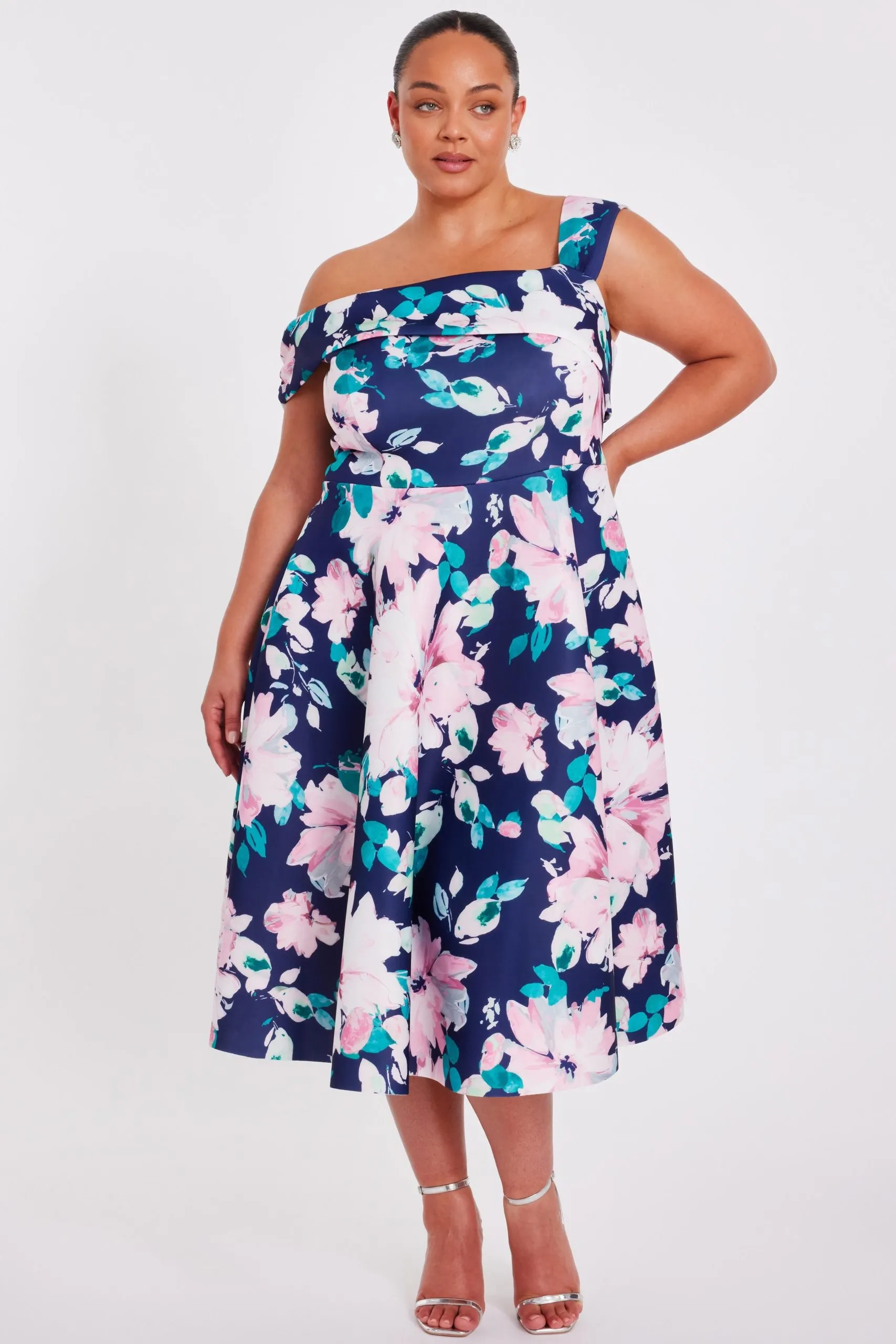 Navy Curve Floral Print Skater Dress
