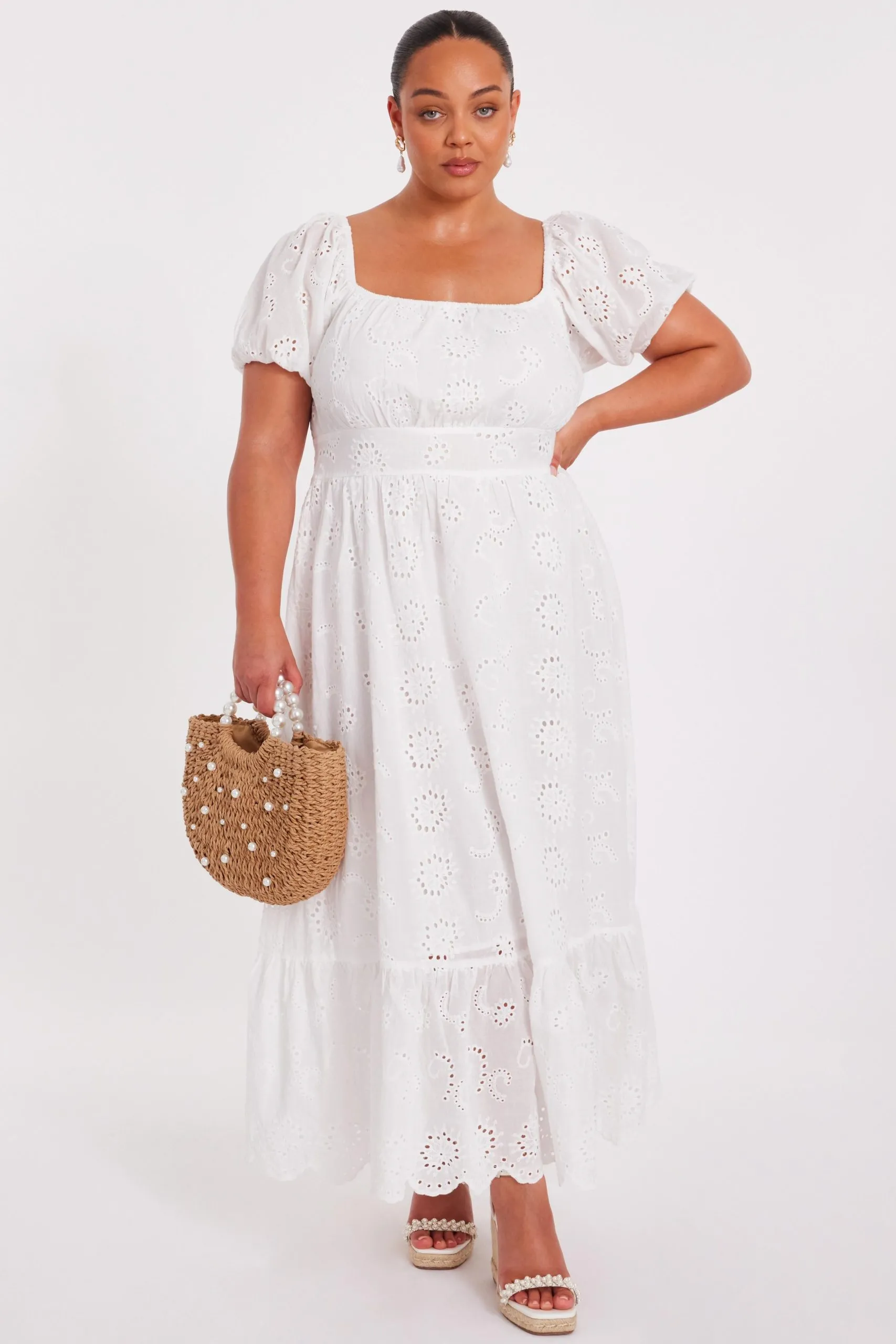 White Curve Embroidered Midi Dress