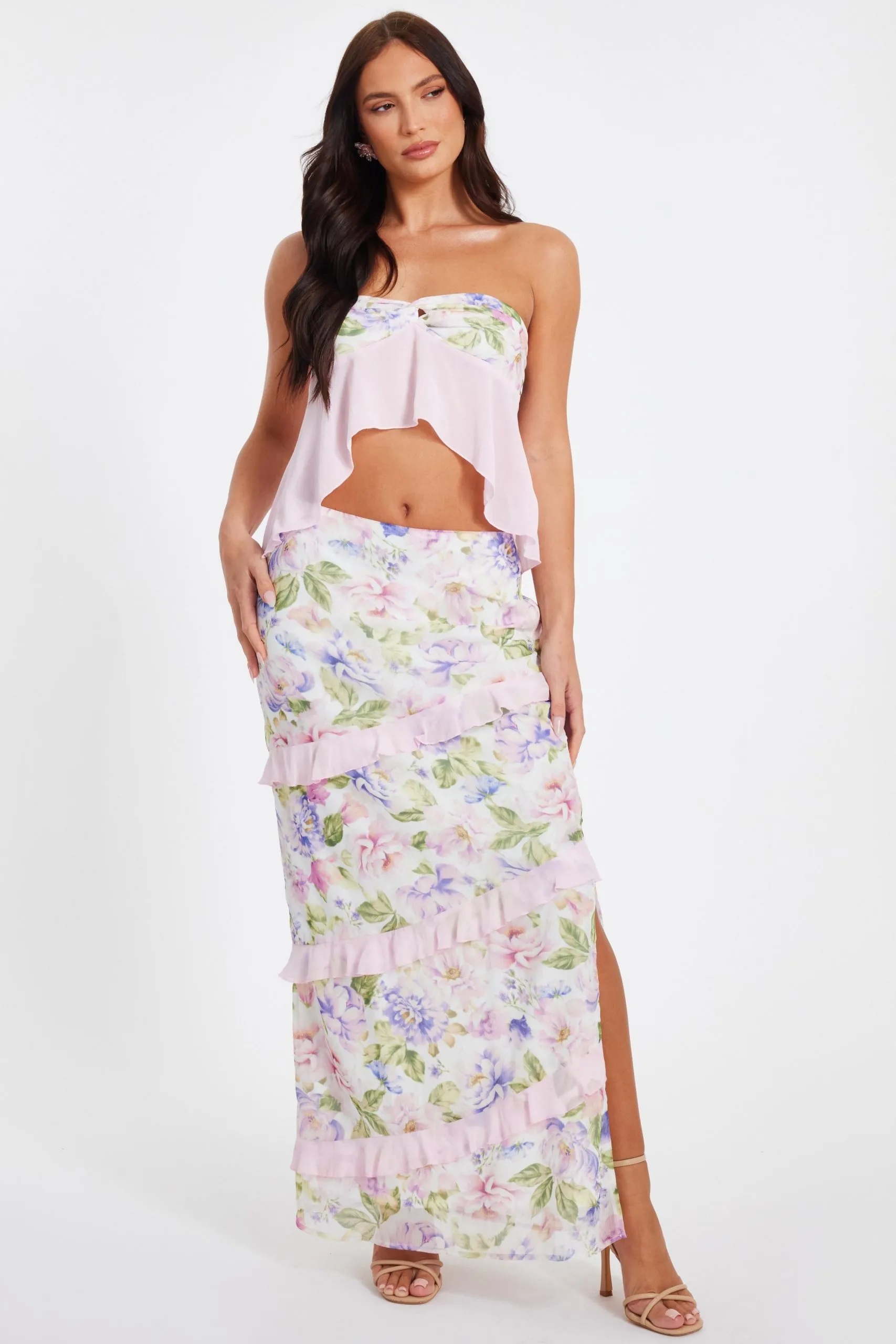 Pale Pink Chiffon Ruffle Maxi Skirt