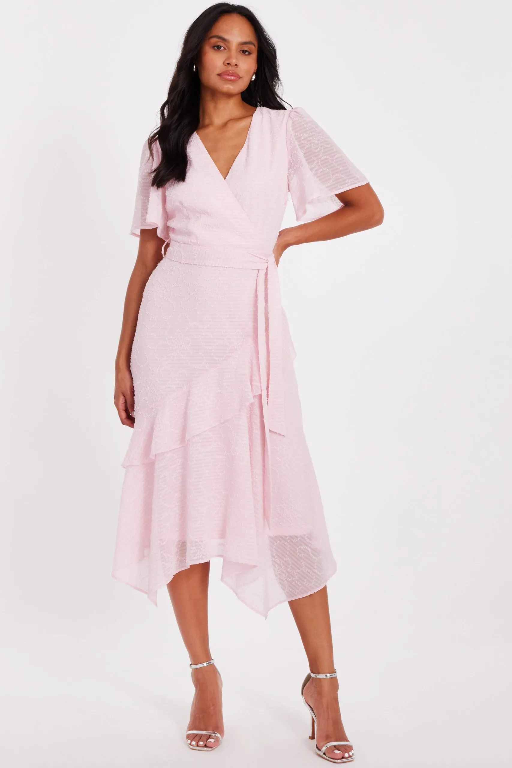 Pale Pink Textured Chiffon Midi Dress