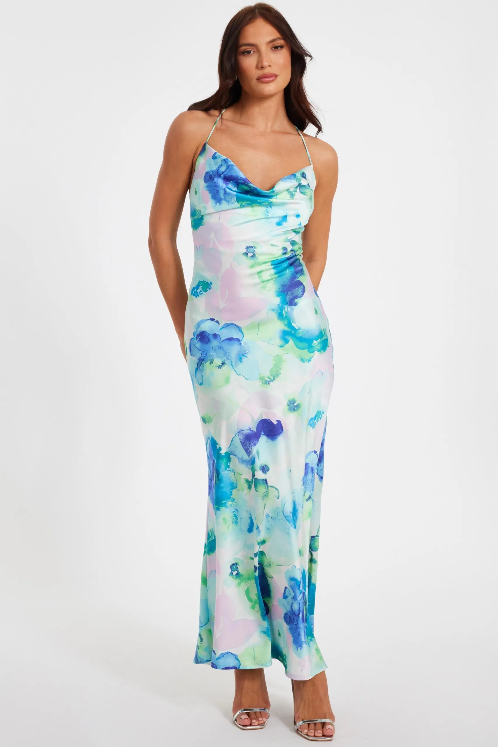 Blue Satin Tie Dye Midaxi Dress