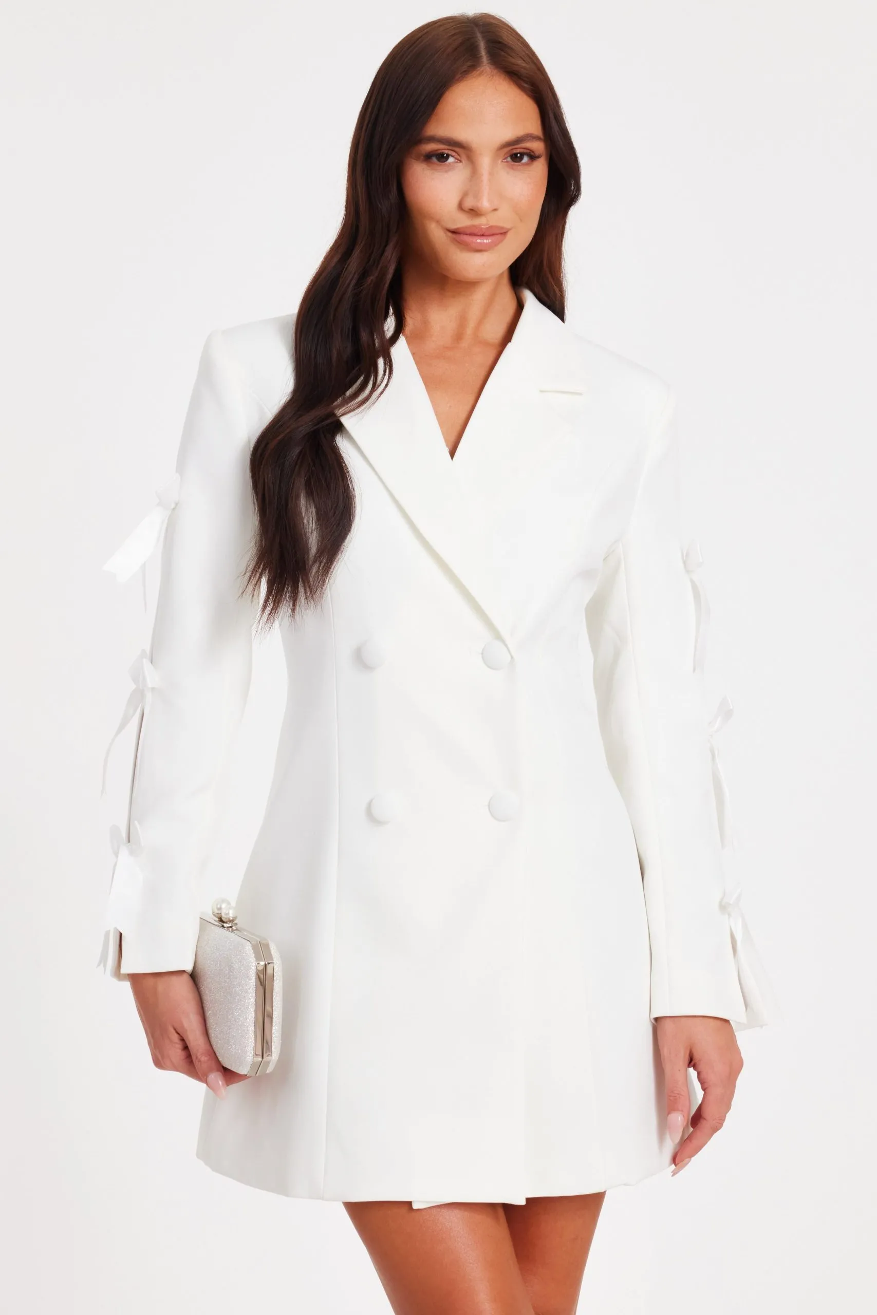 White Bow Sleeve Blazer Dress
