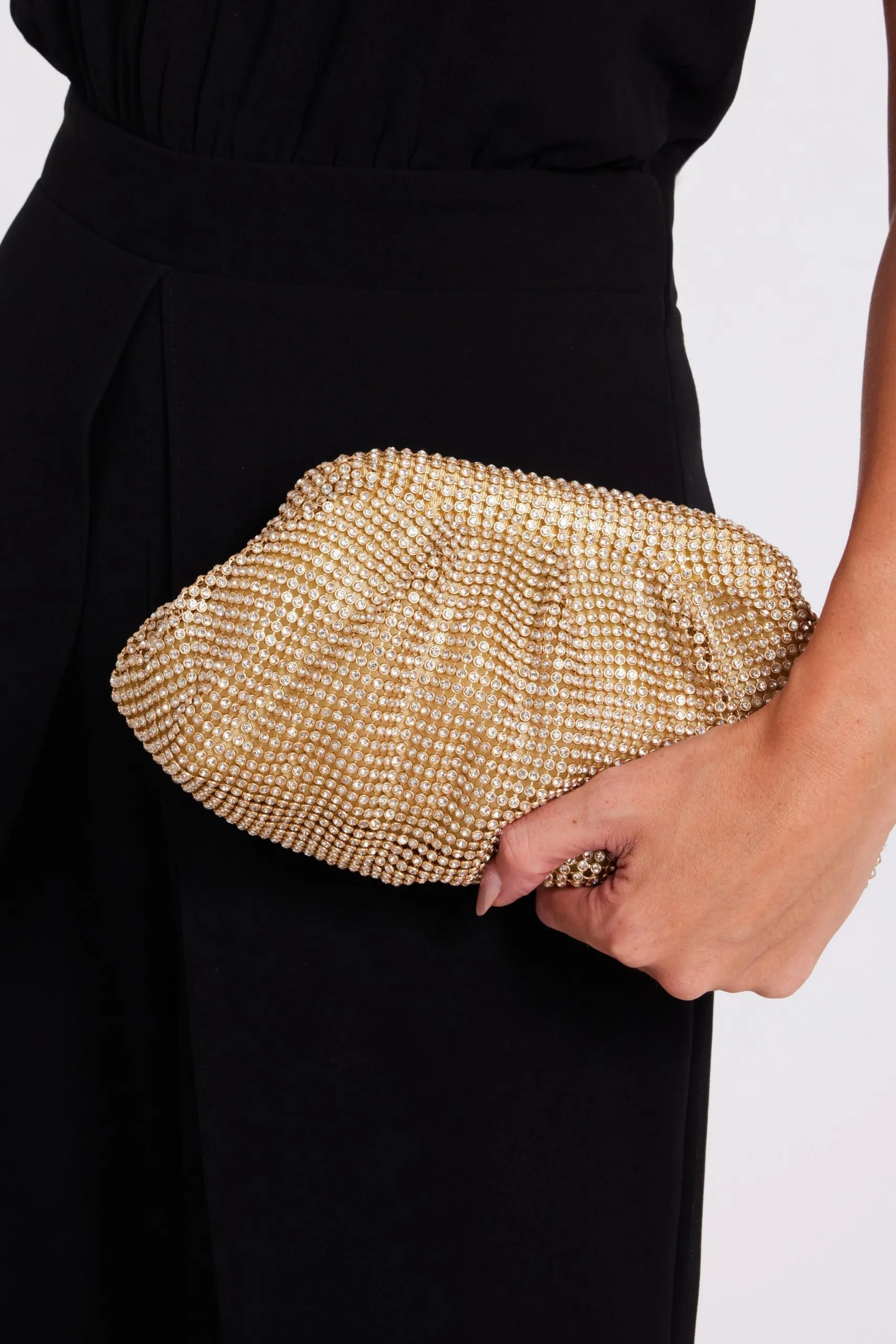 Gold Diamante Gathered Pouch Bag