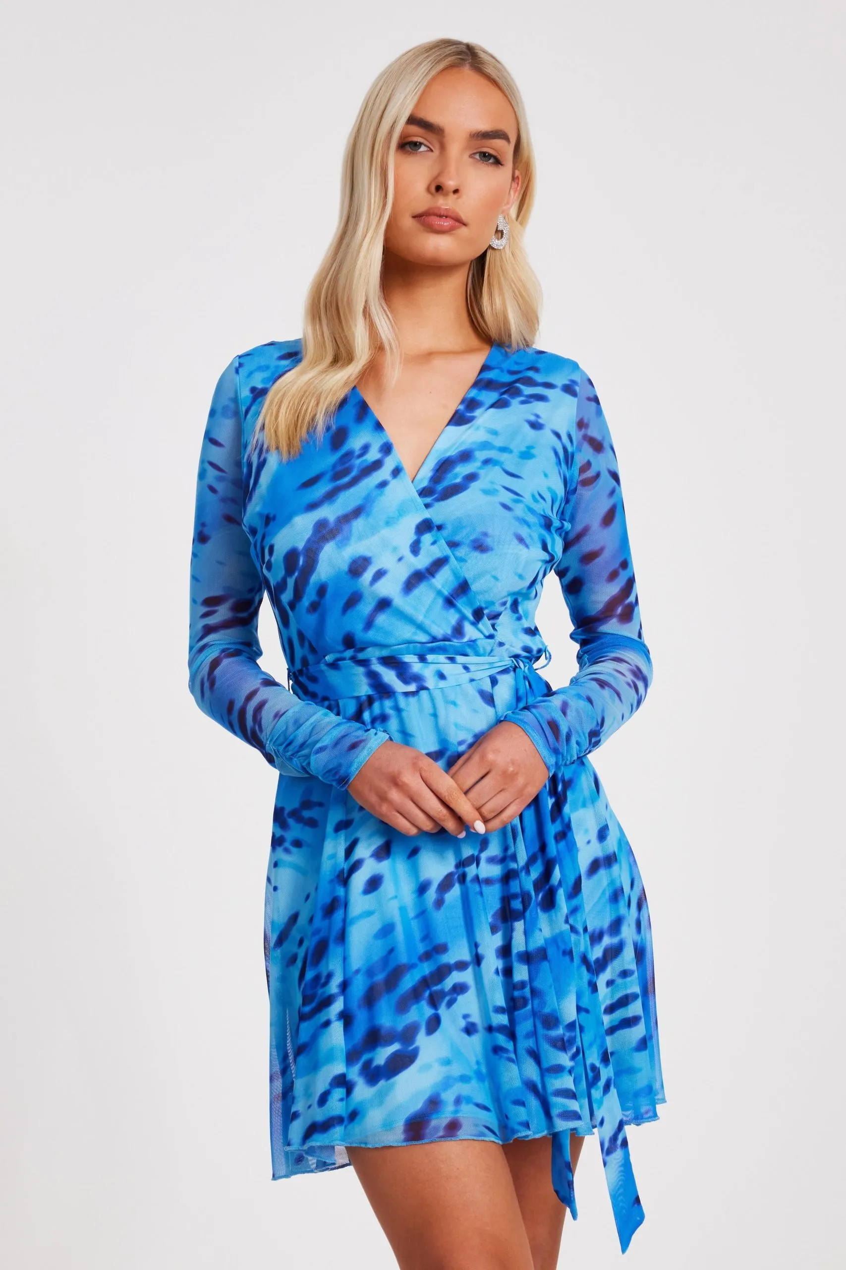 Blue Mesh Animal Print Skater Dress