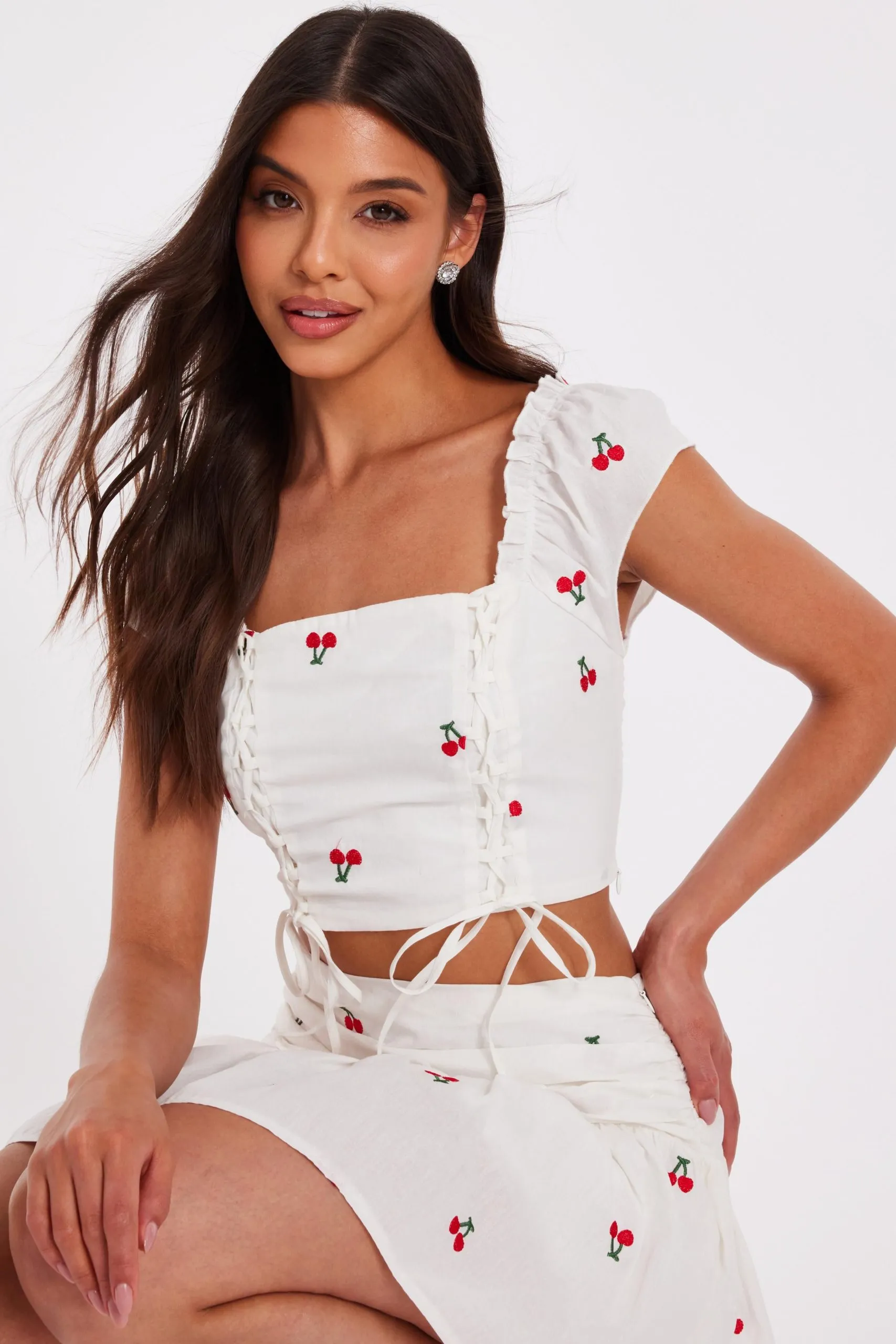 White Cherry Print Crop Top