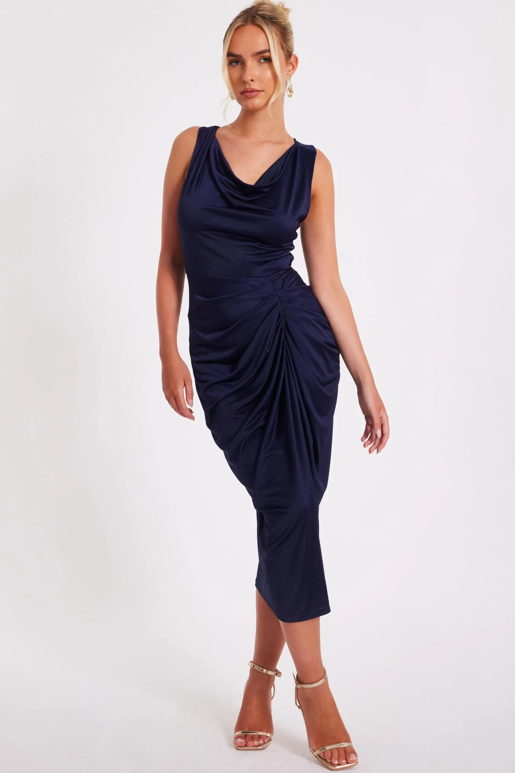 Navy Cowl Neck Midi Dress