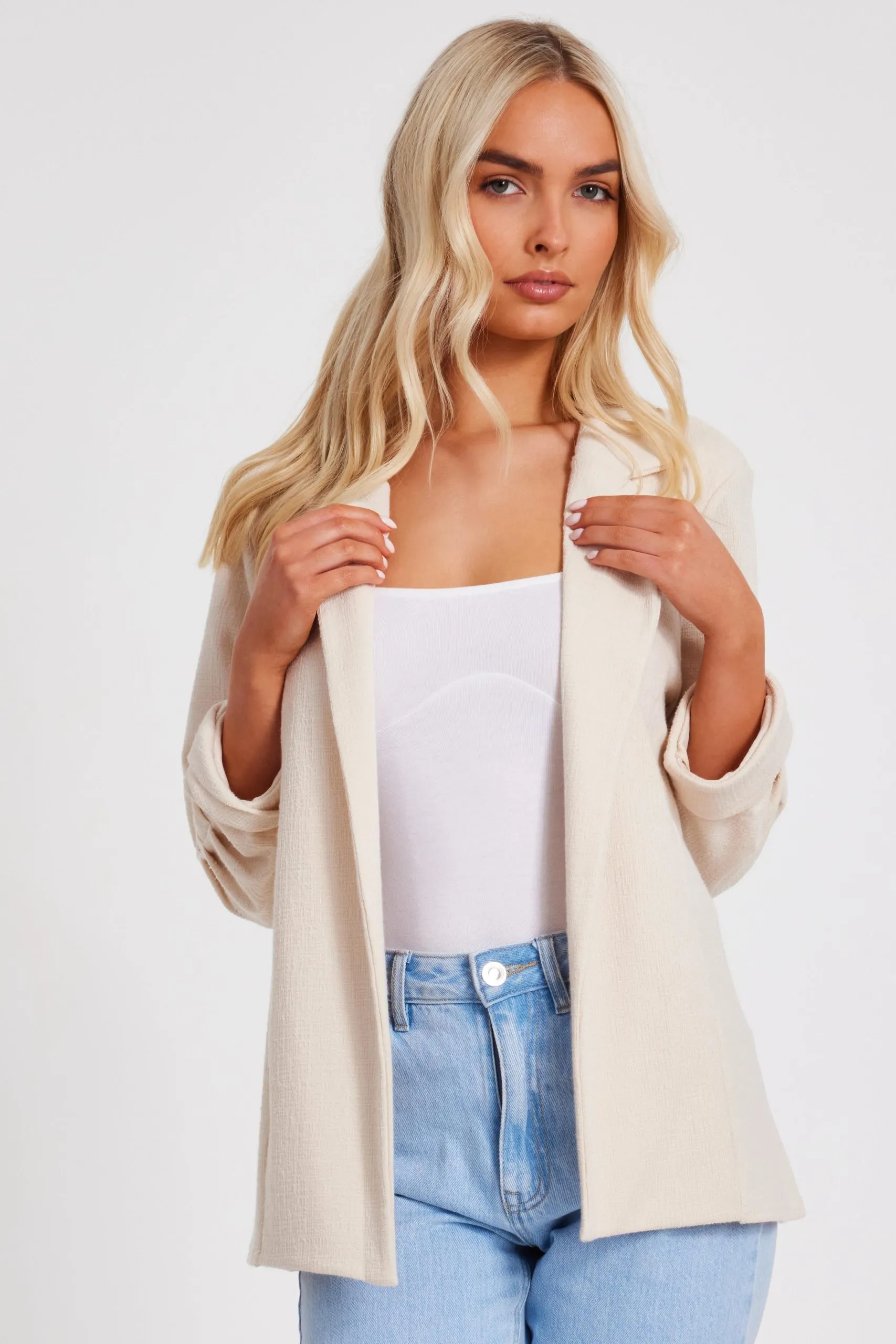 Stone Textured Ruched Sleeve Blazer