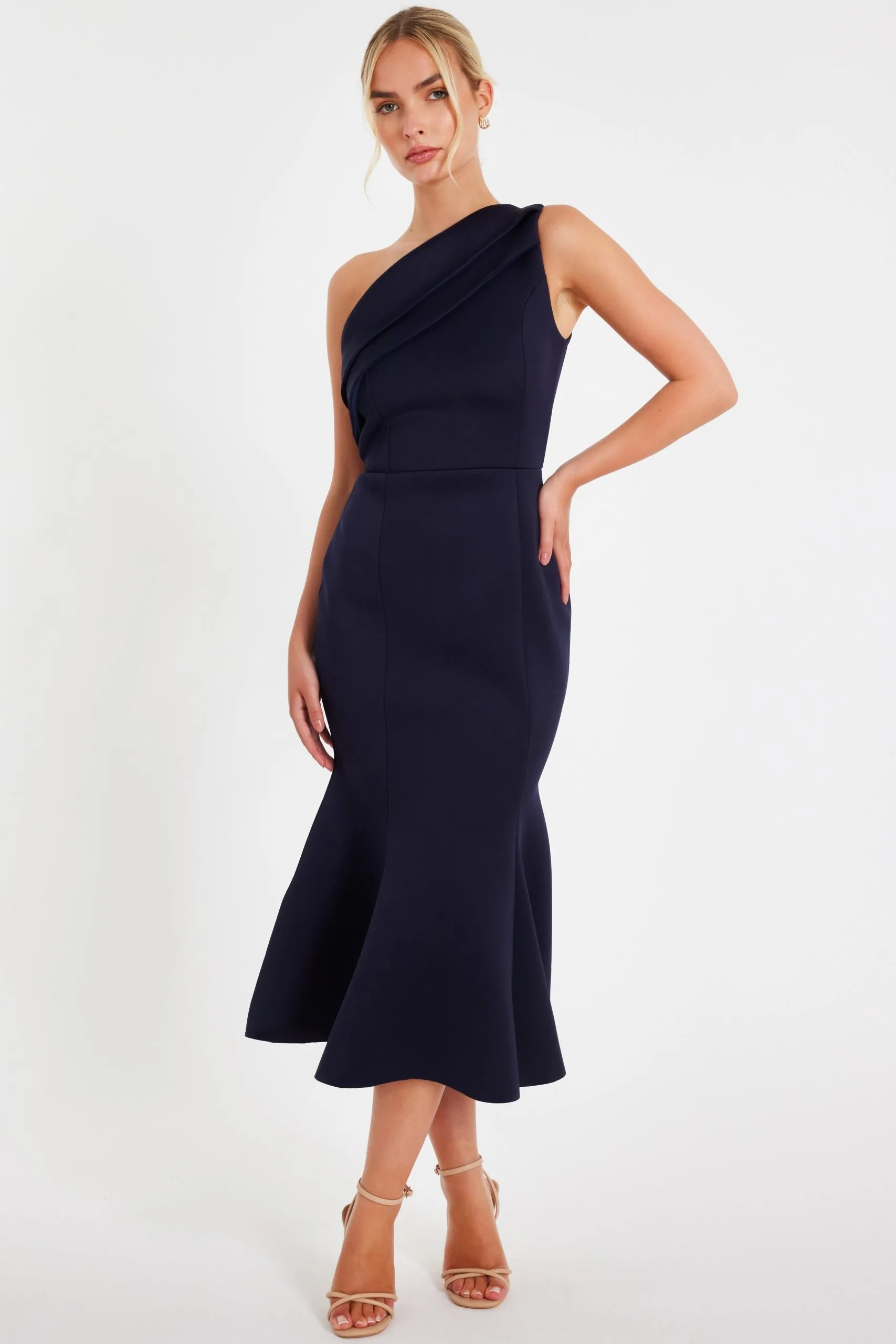 Navy One Shoulder Peplum Dress