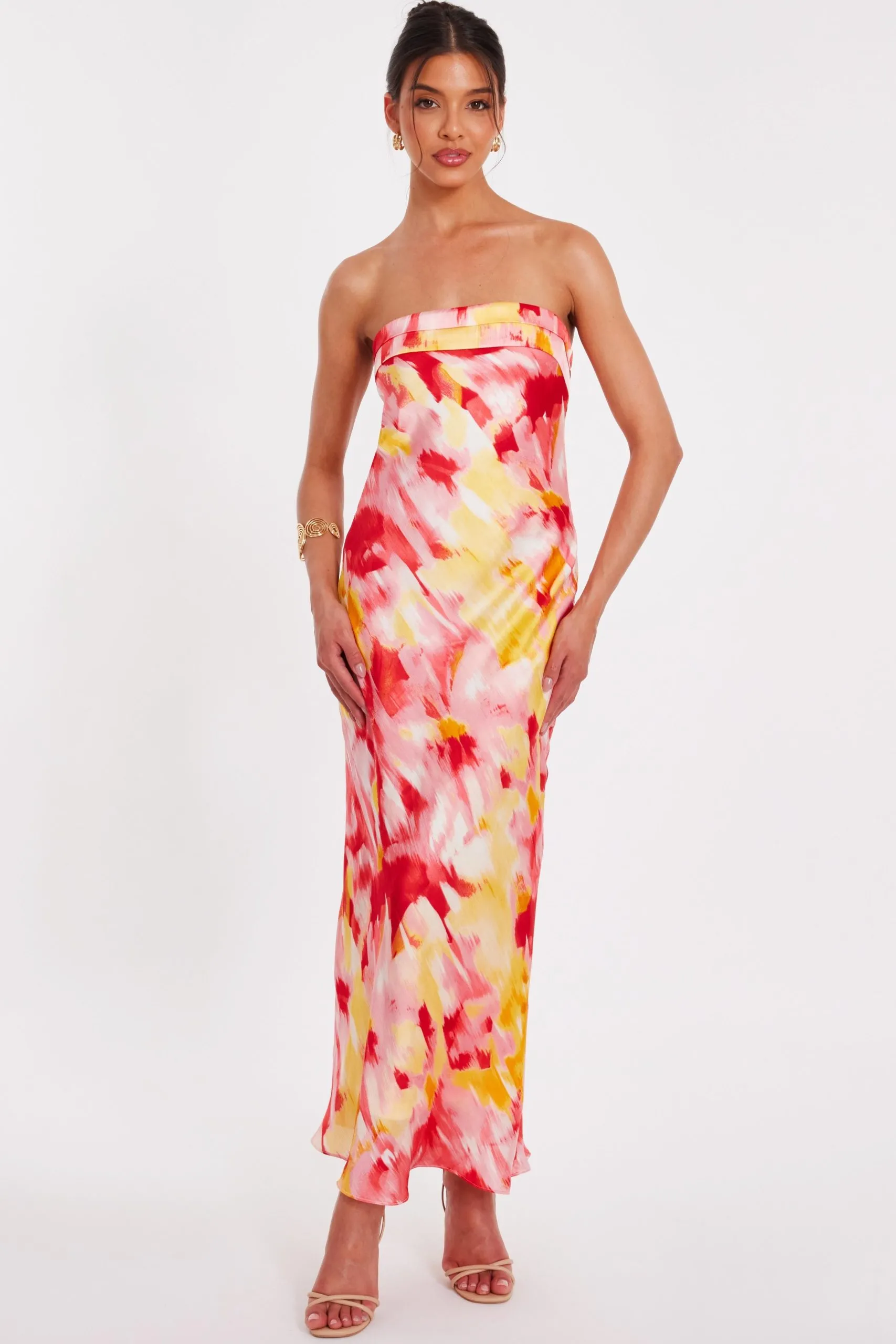 Pink Satin Floral Smudge Maxi Dress
