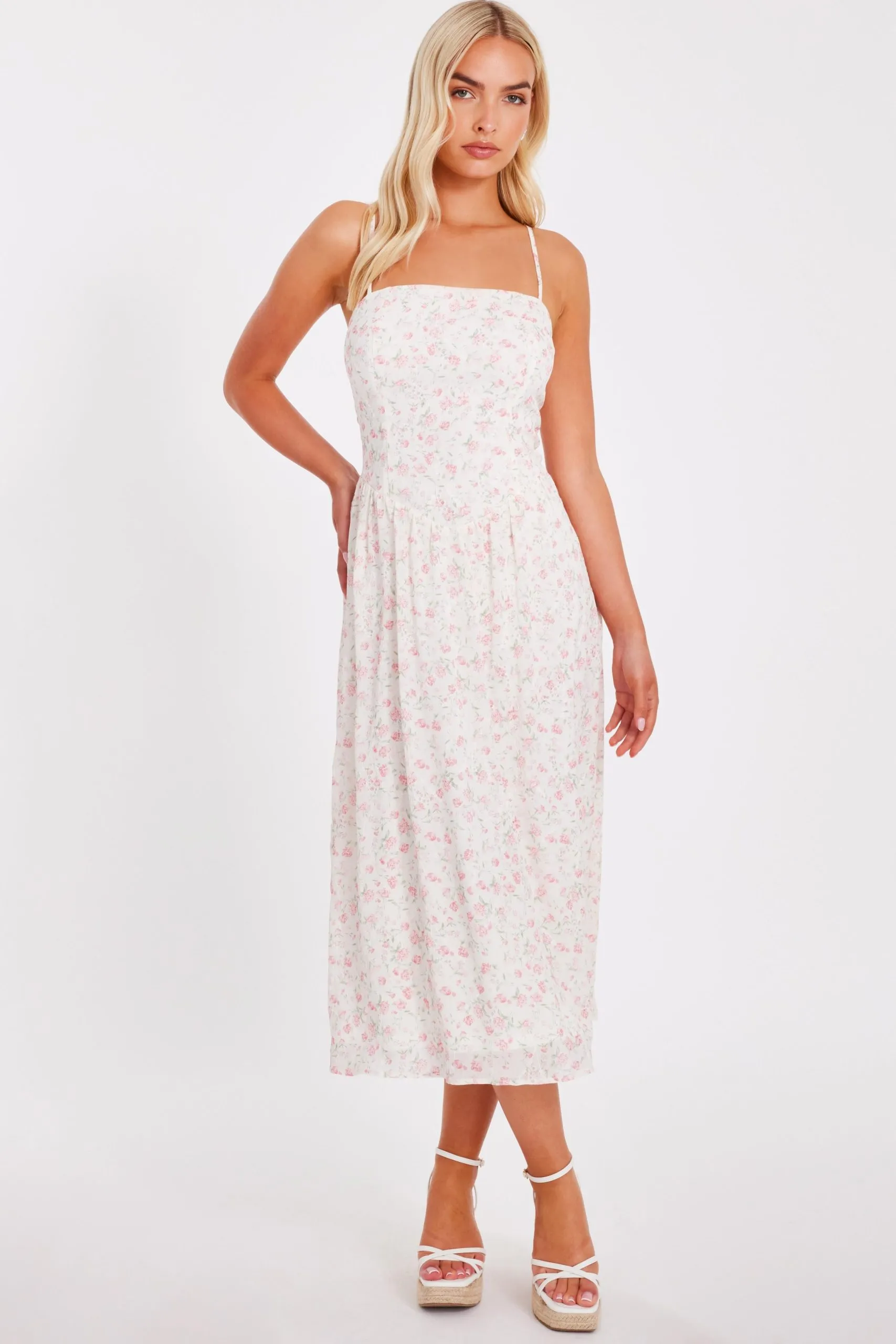 White Chiffon Floral Midi Dress