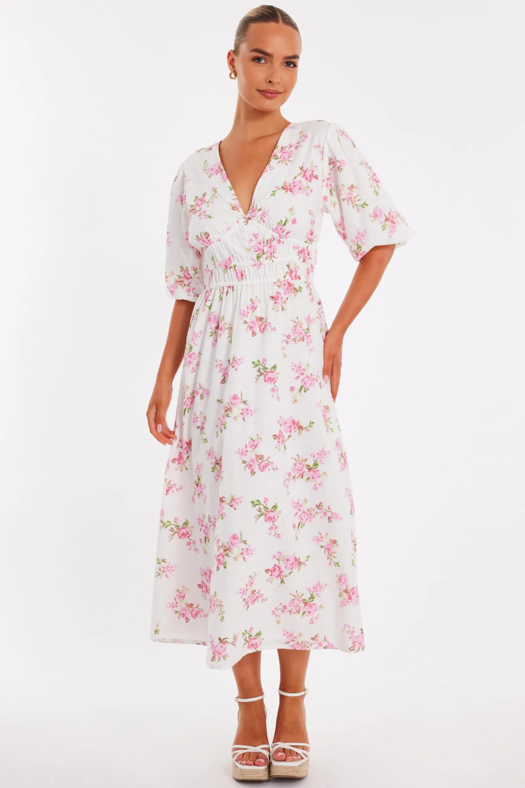 Pink Floral V-Neck Midi Dress