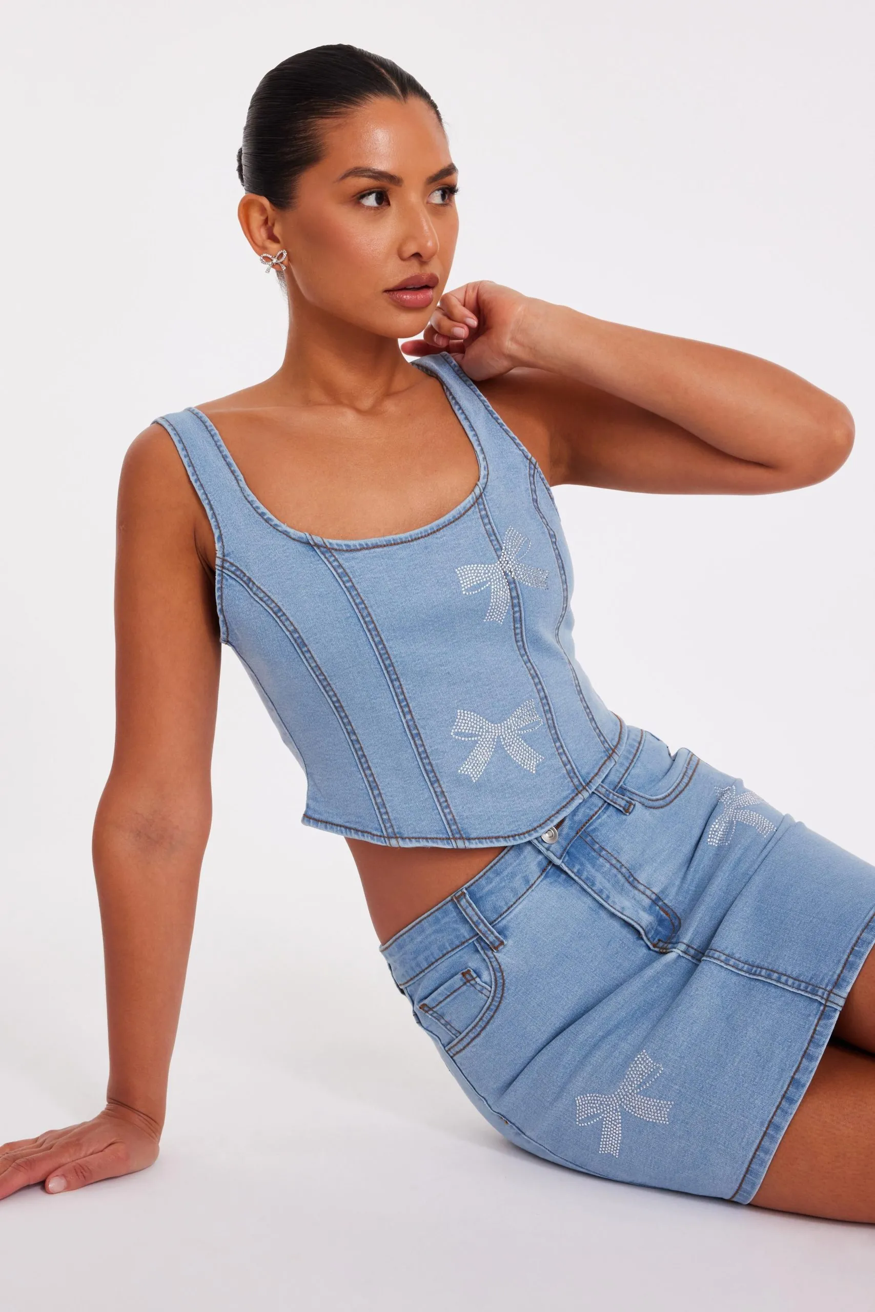 Dark Indigo Denim Bow Embellished Crop Top