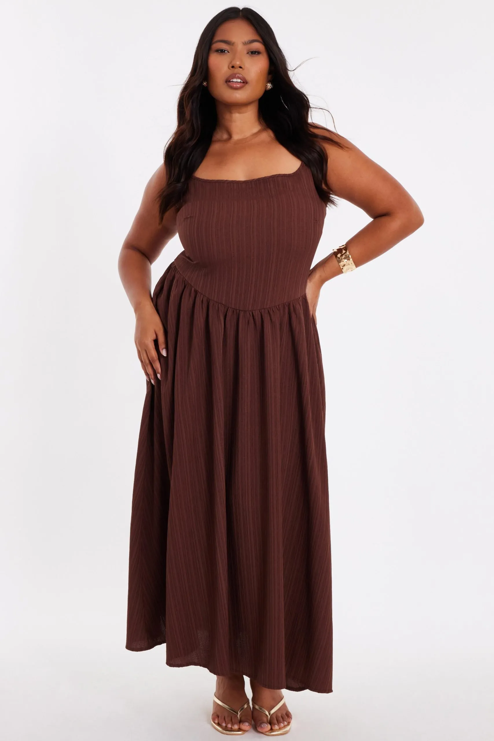 Brown Curve Drop Waist Midaxi Dress