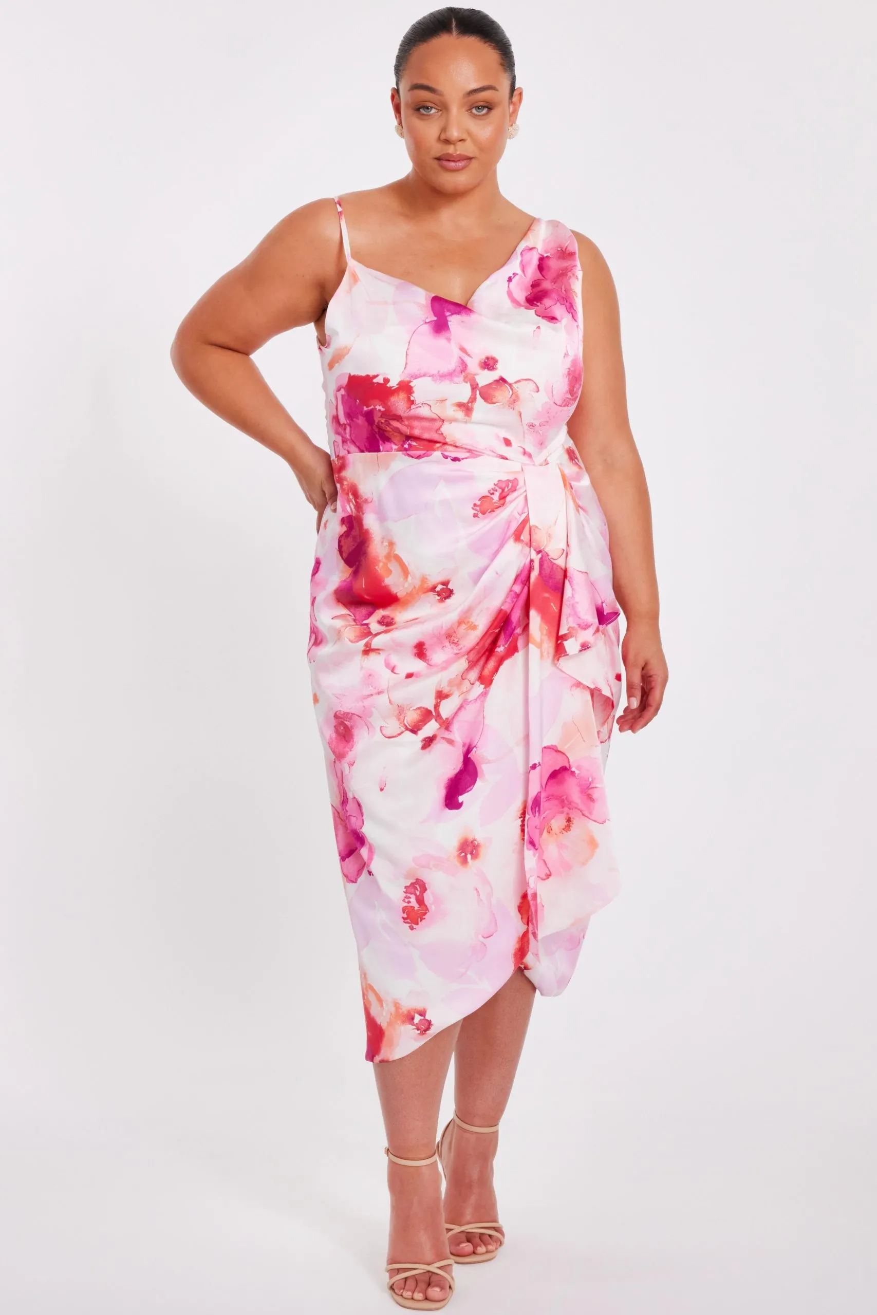 Pale Pink Curve Floral Print Midi Dress