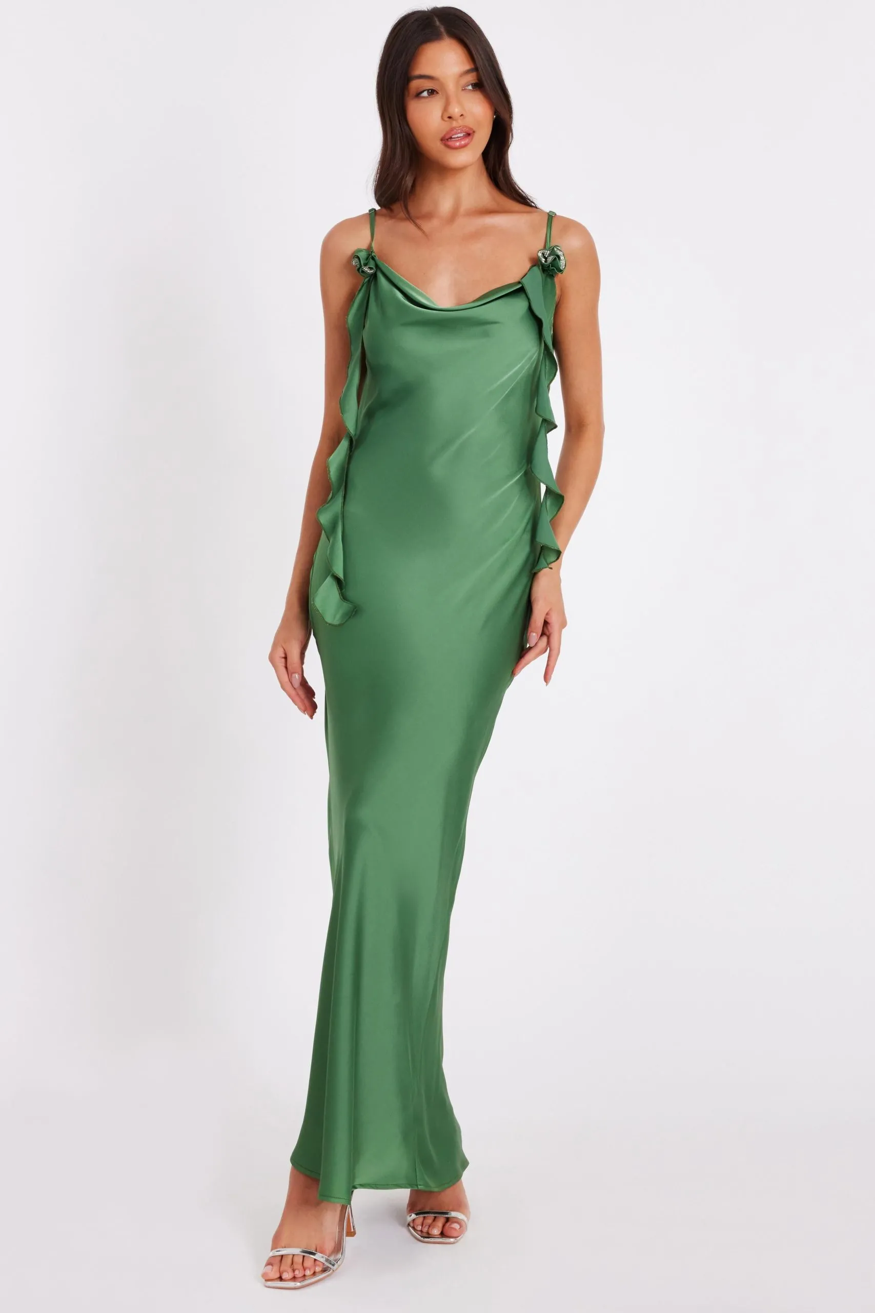 Green Satin Corsage Midaxi Dress