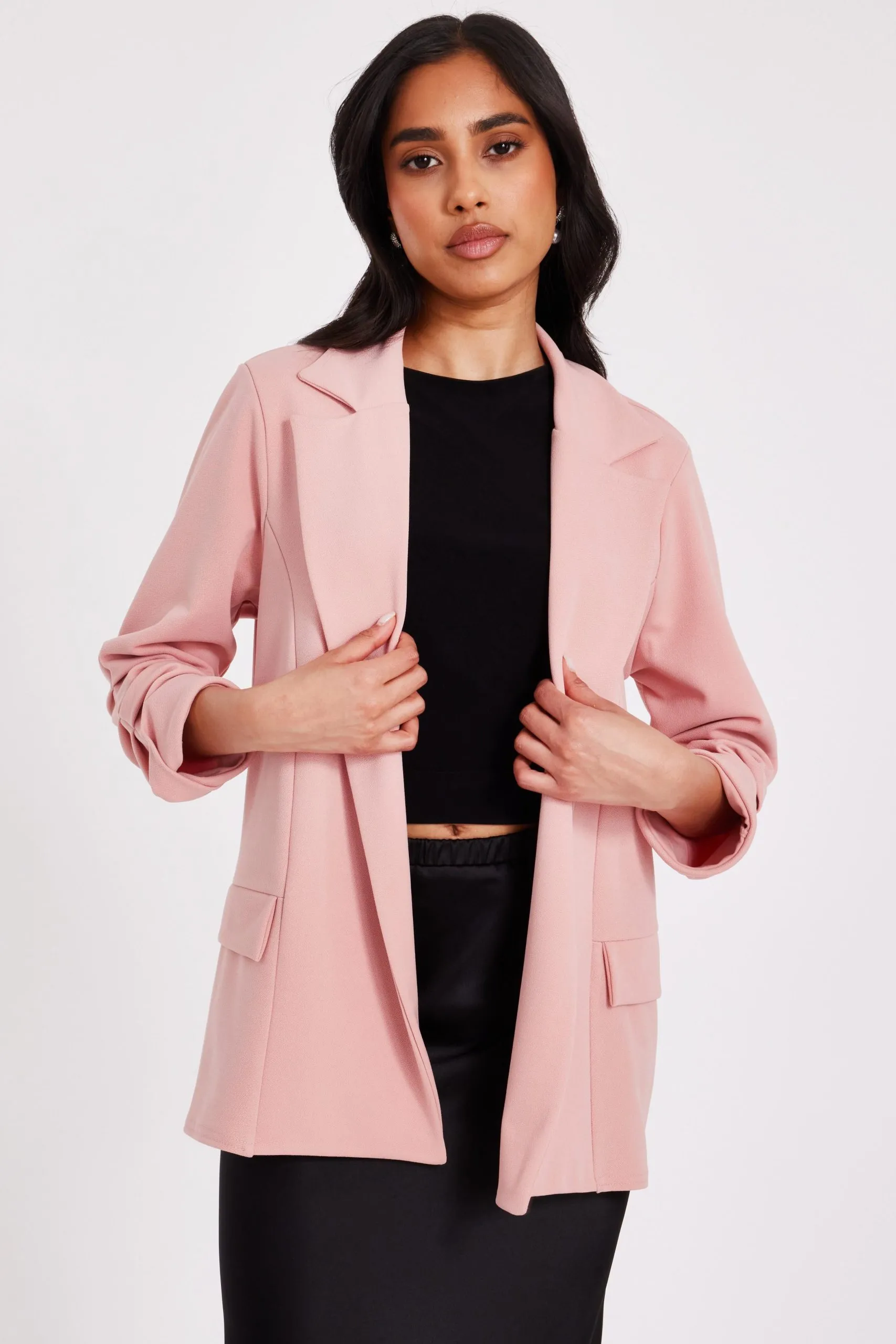 Pink Petite Ruched Sleeve Blazer