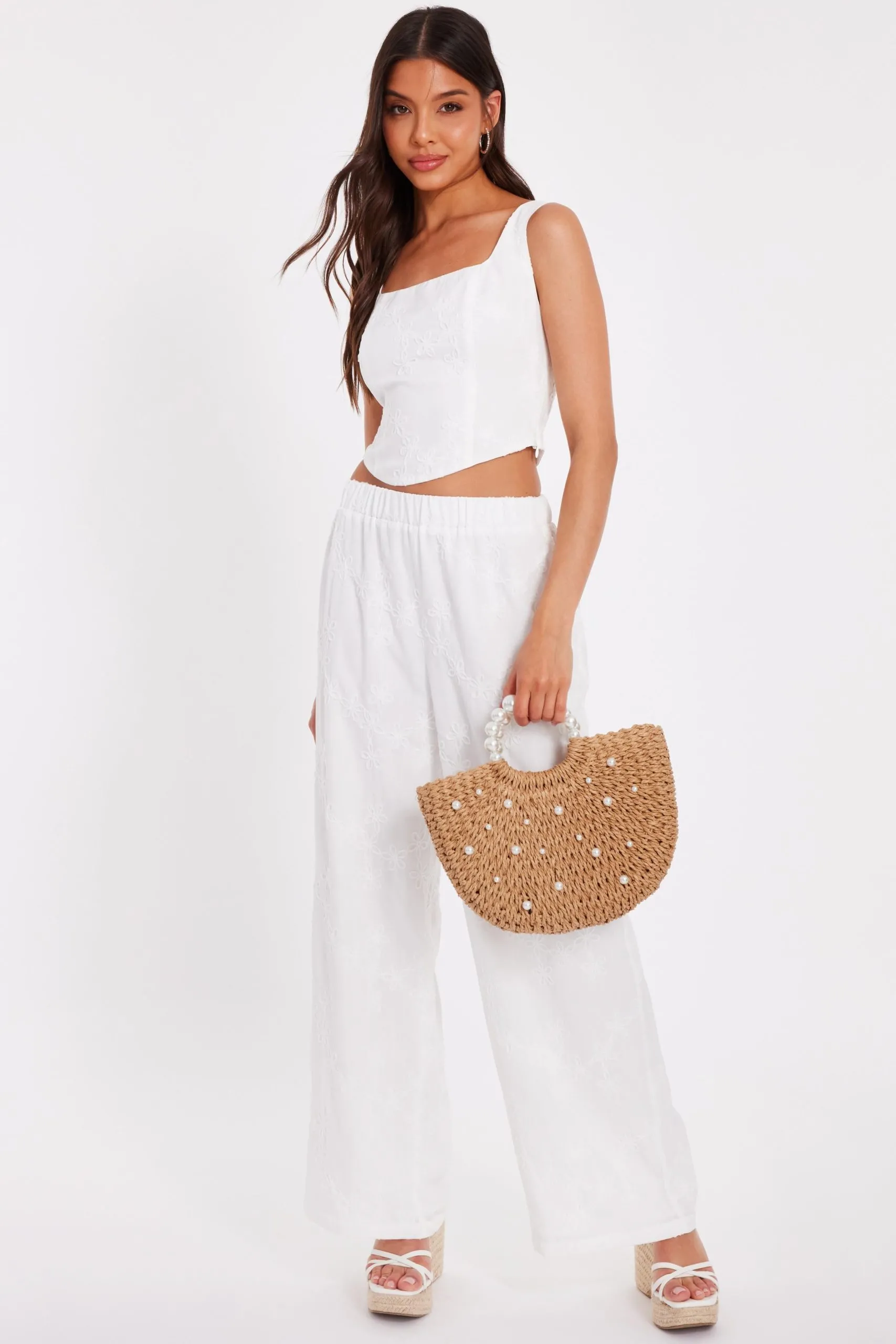 White Floral Embroidered Palazzo Trousers