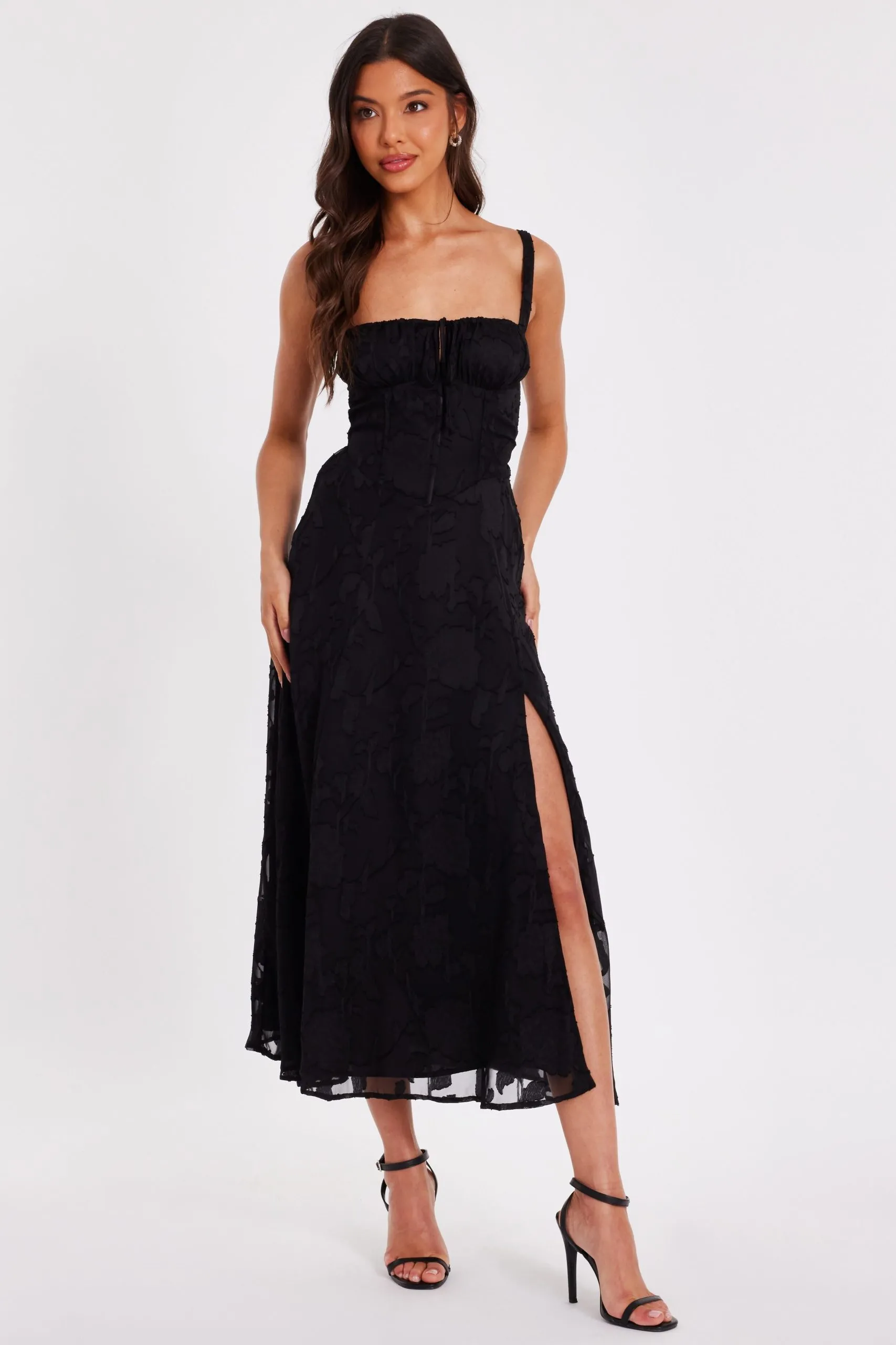 Black Jacquard Ruched Midaxi Dress