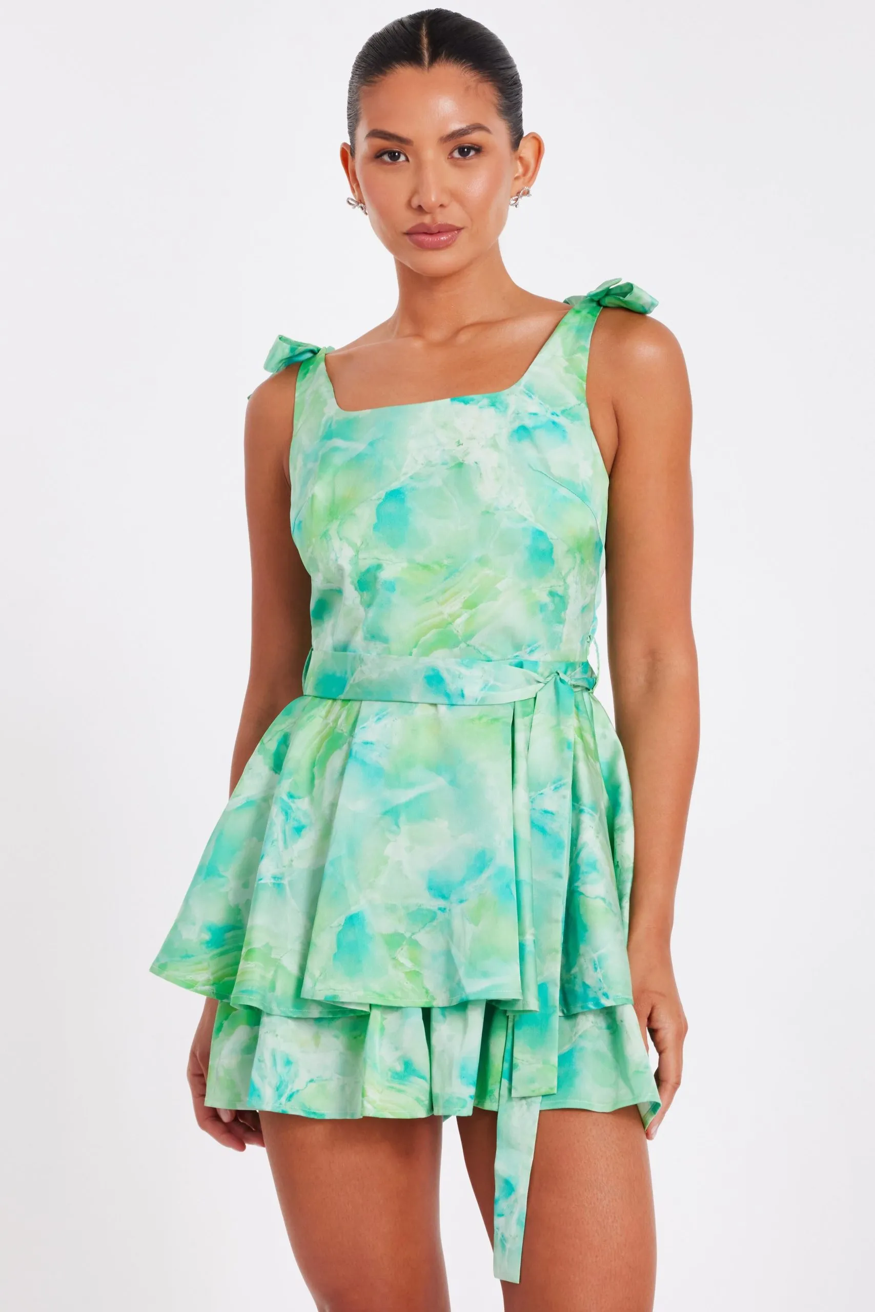 Green Tie Dye Bow Strap Playsuit