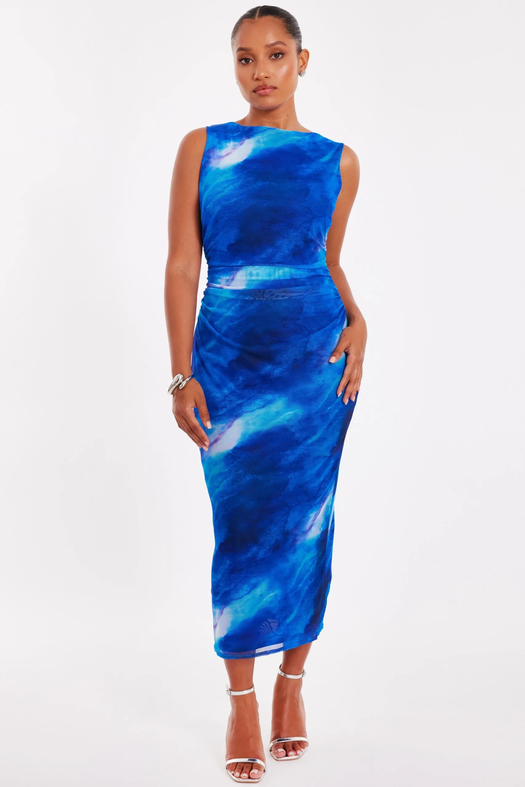 Blue Petite Mesh Marble Midaxi Dress