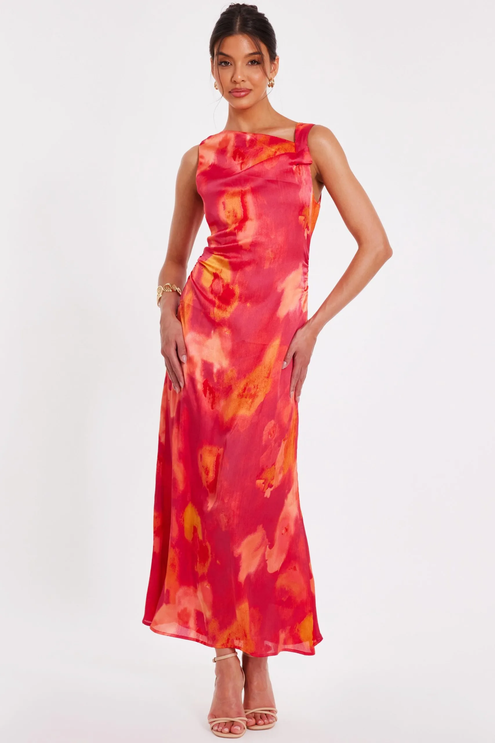 Pink Satin Marble Midaxi Dress