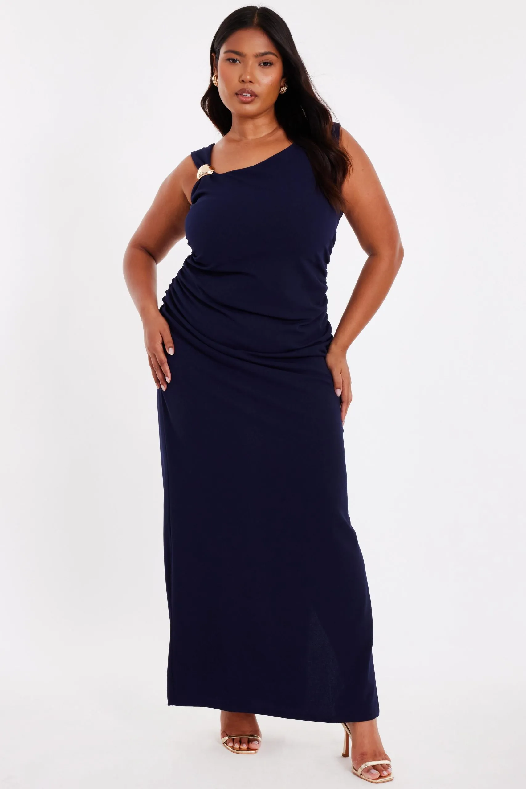 Navy Curve Buckle Detail Midaxi Dress