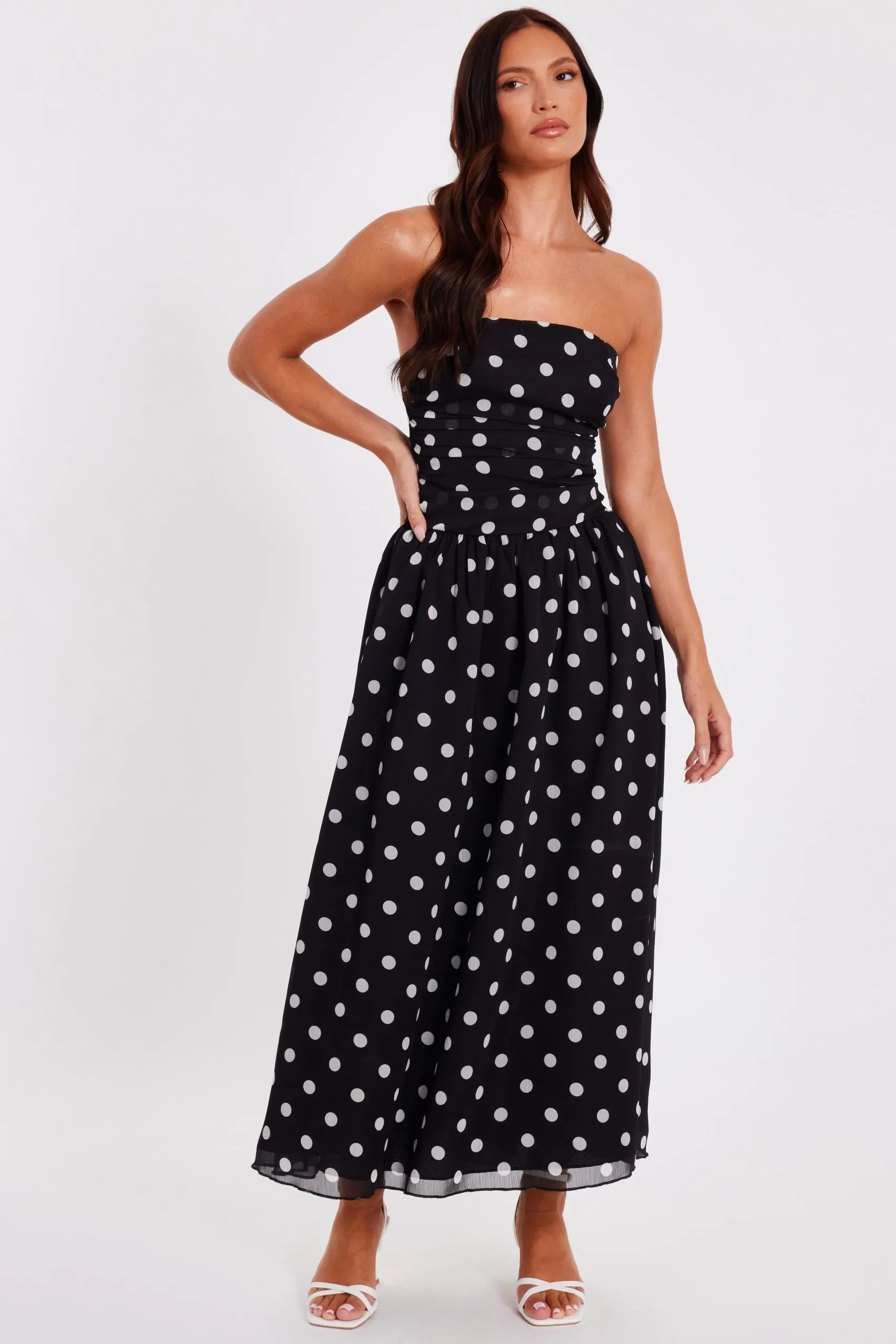 Black Chiffon Polka Dot Midi Dress