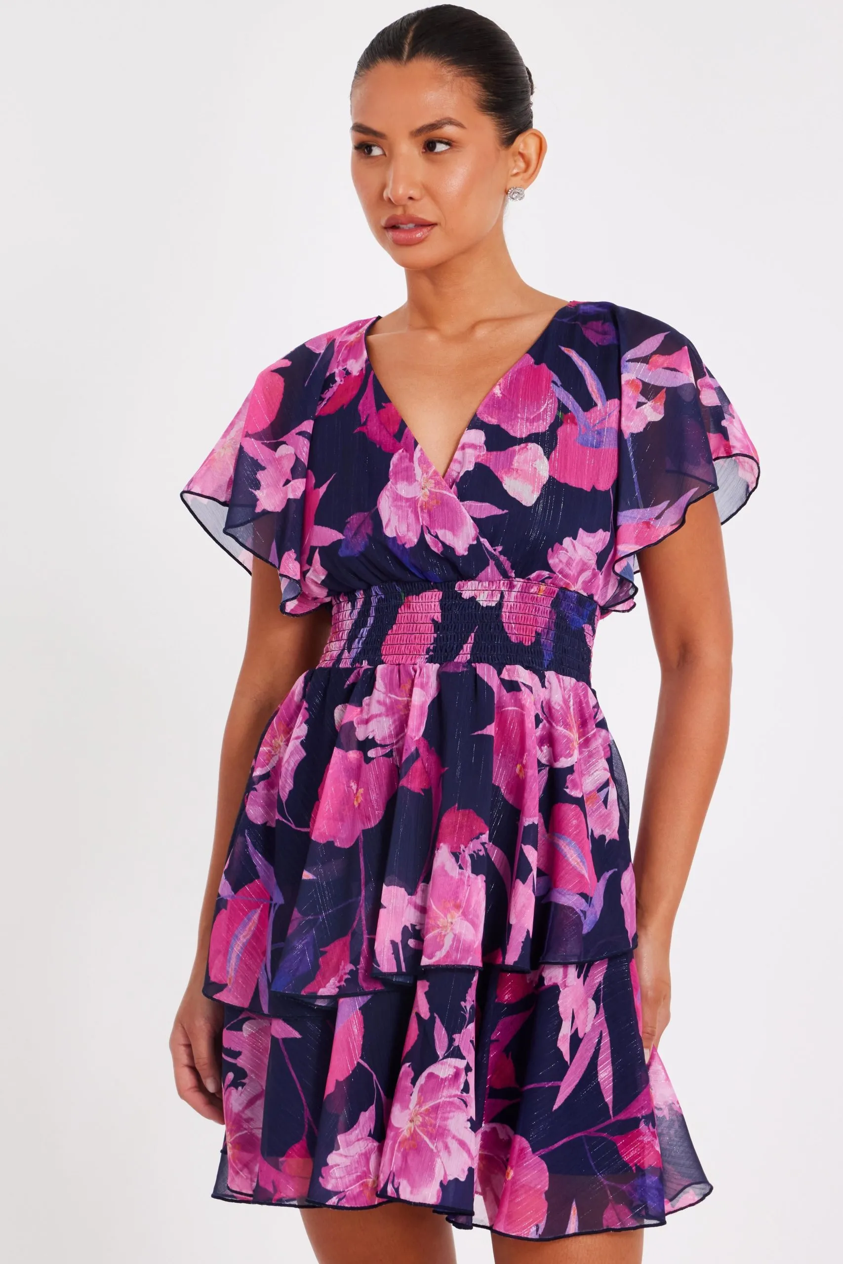 Navy Chiffon Tiered Mini Dress