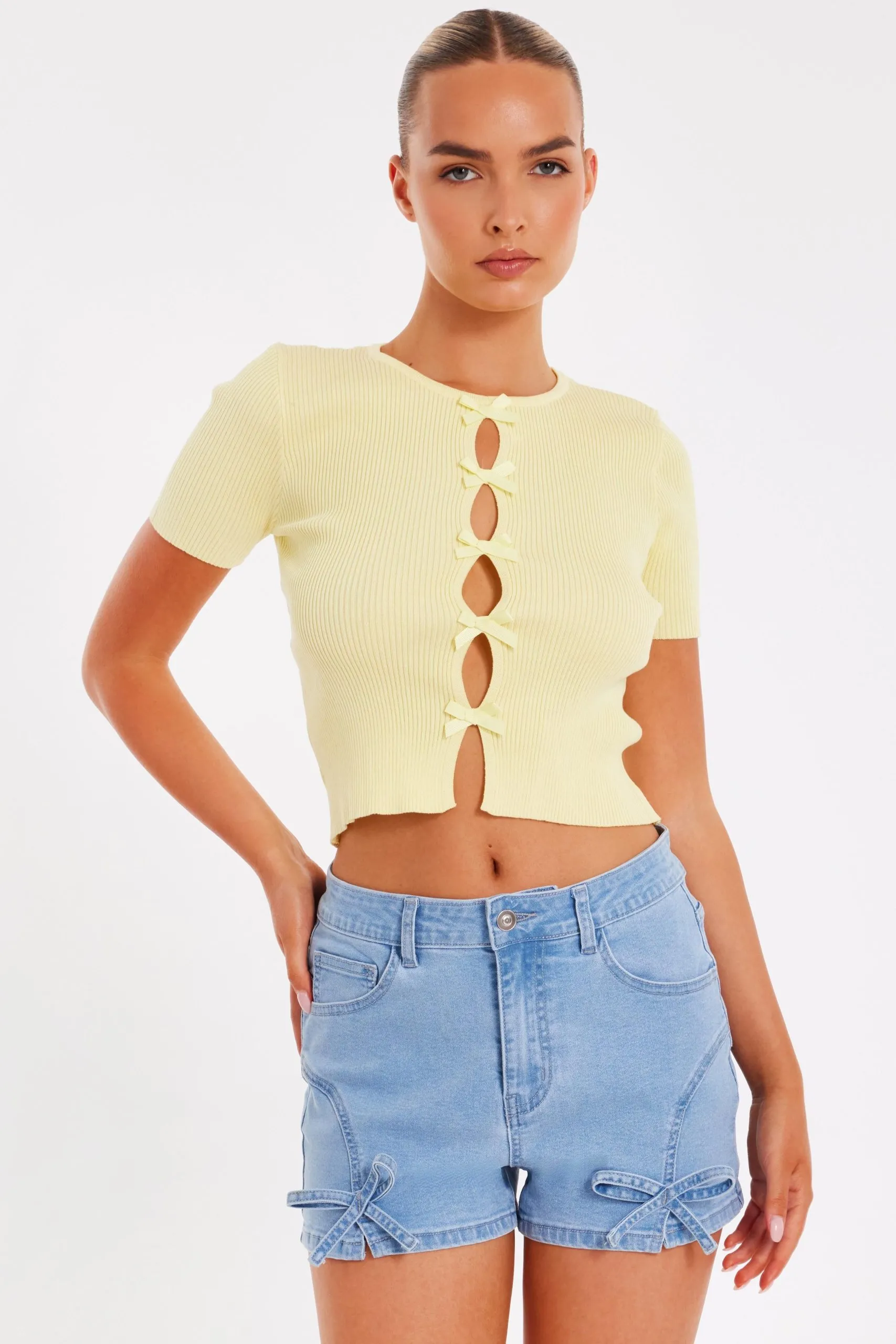 Yellow Knitted Bow Detail Top