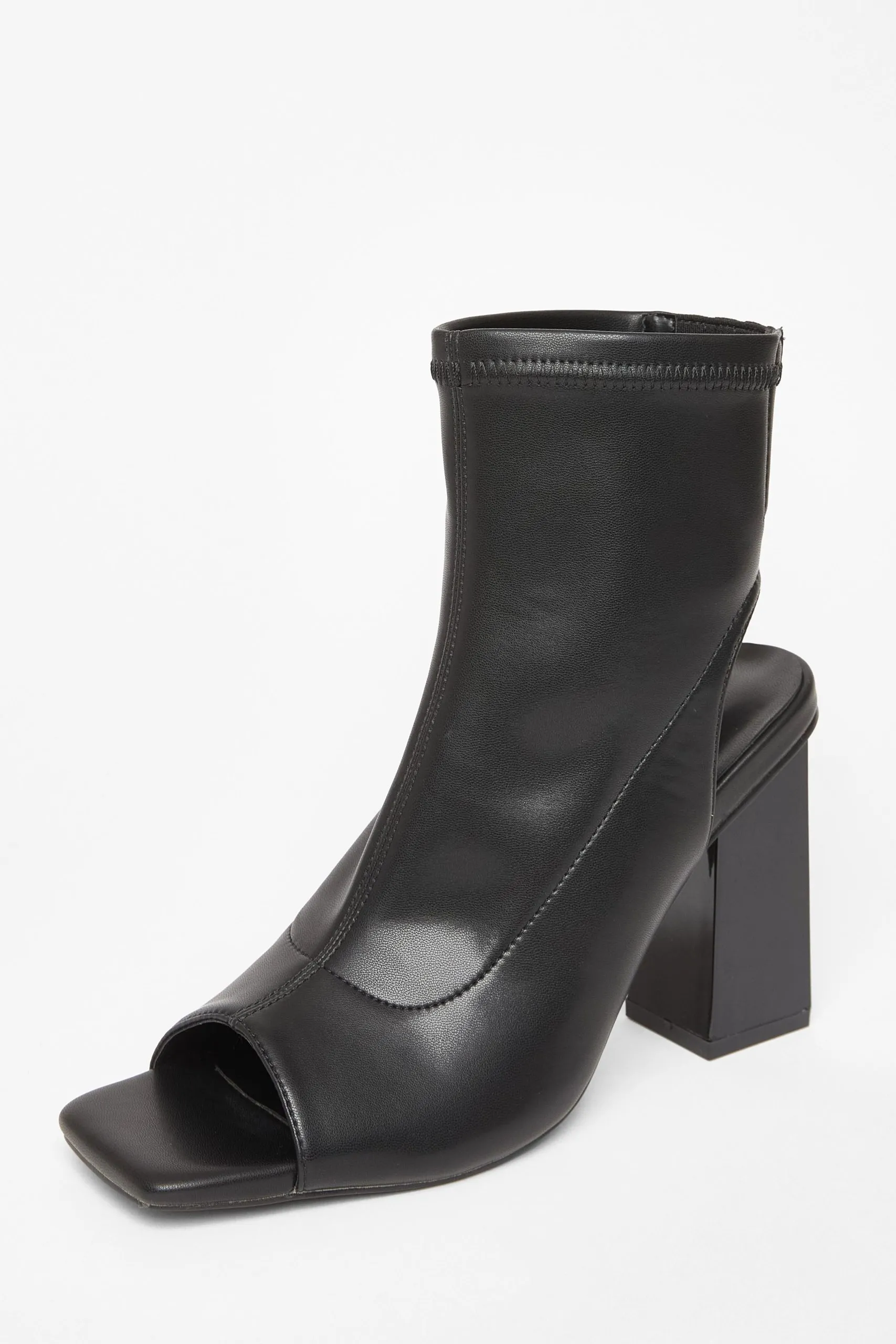 Black Faux Leather Peep Toe Boots