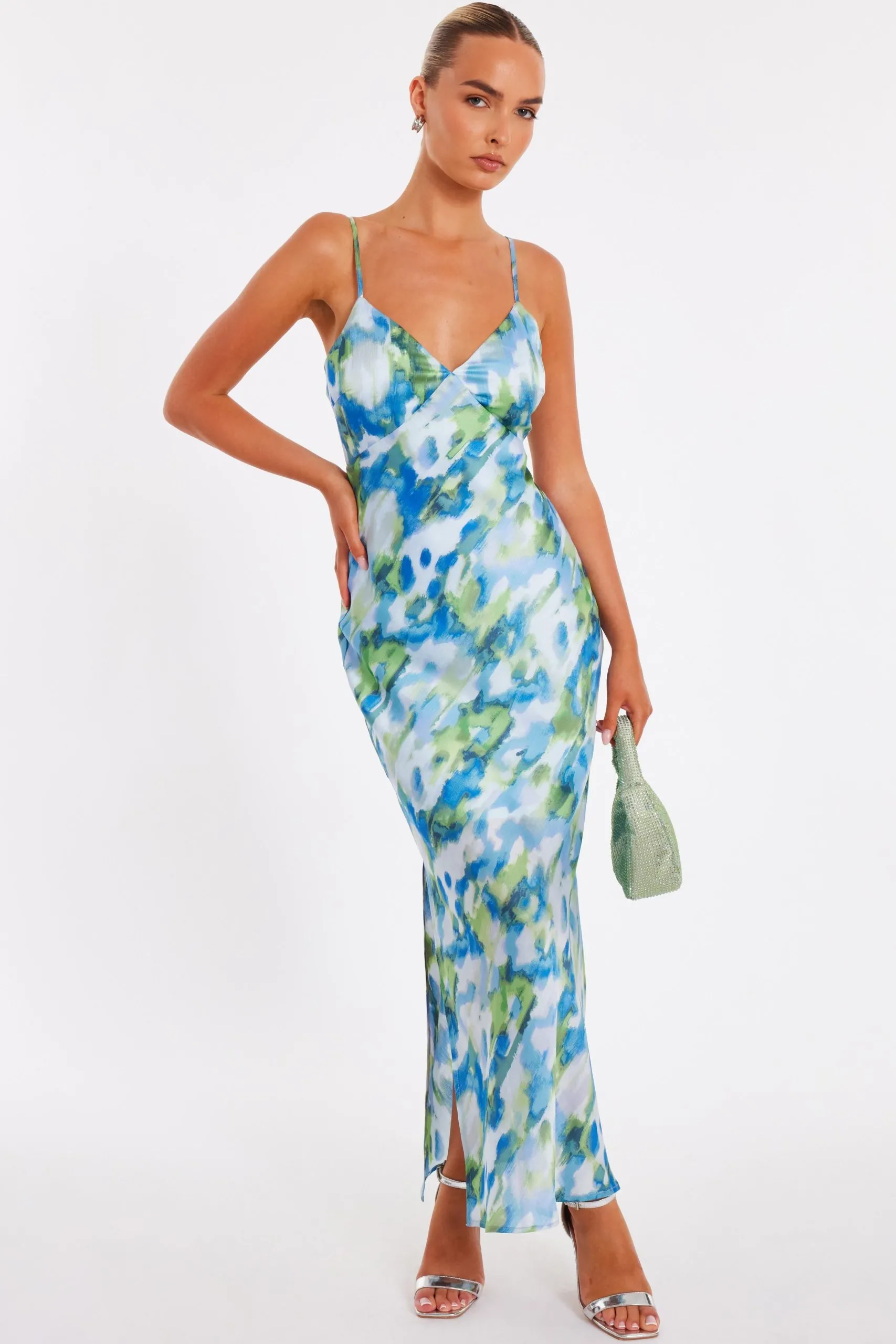 Blue Satin Tie Back Midaxi Dress