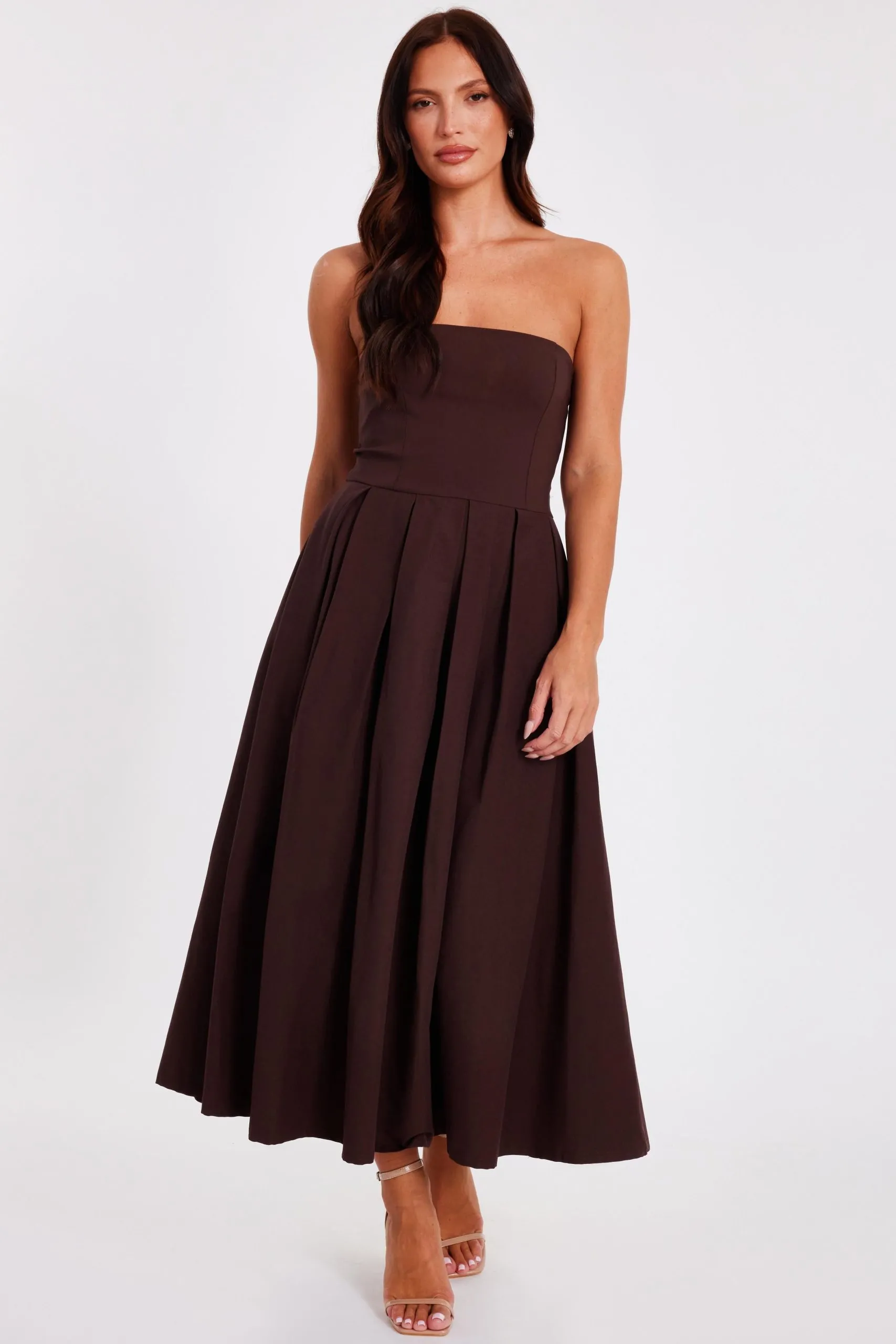 Brown Bandeau Midi Dress