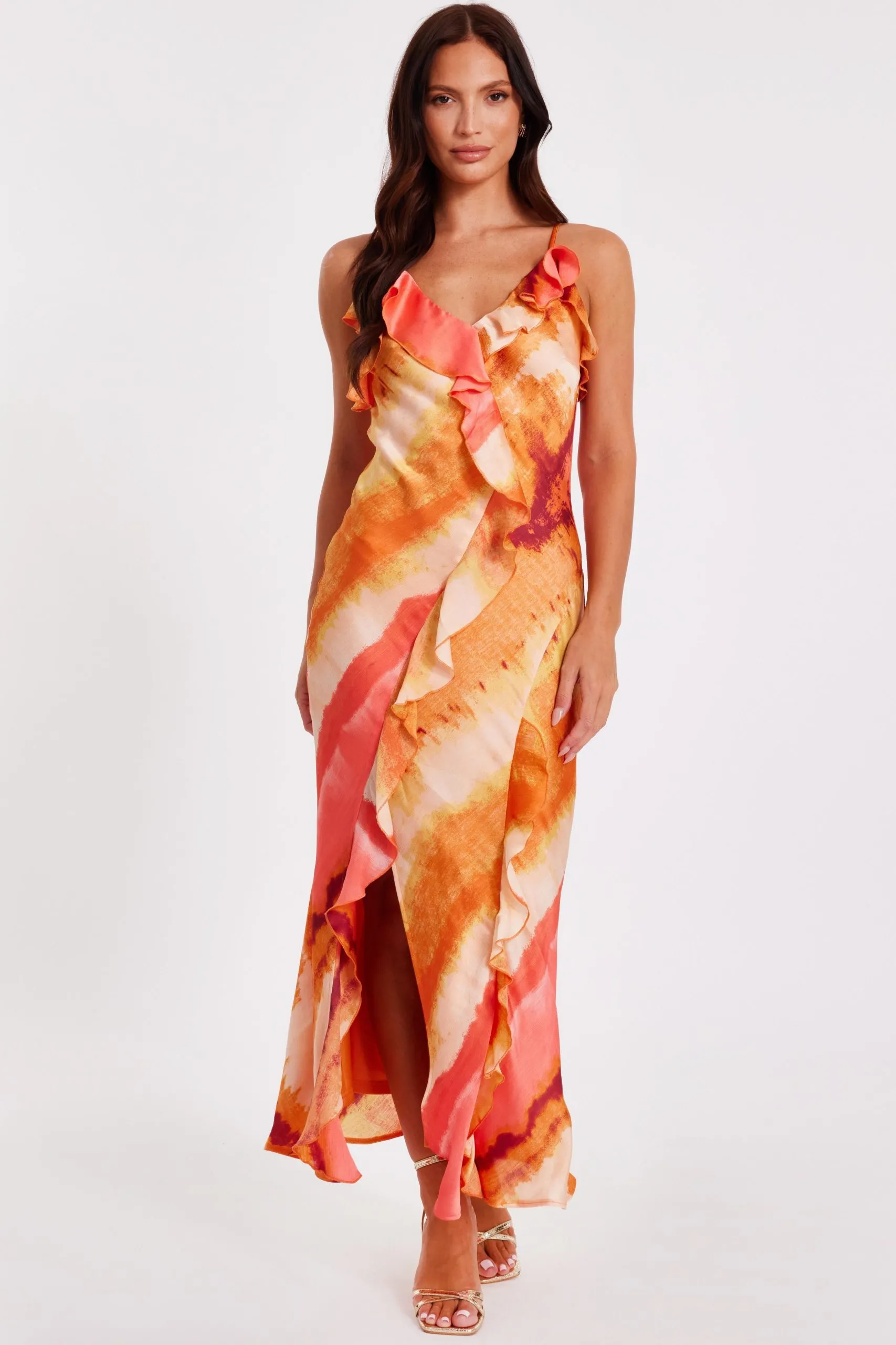 Pink Ruffle Printed Midaxi Dress