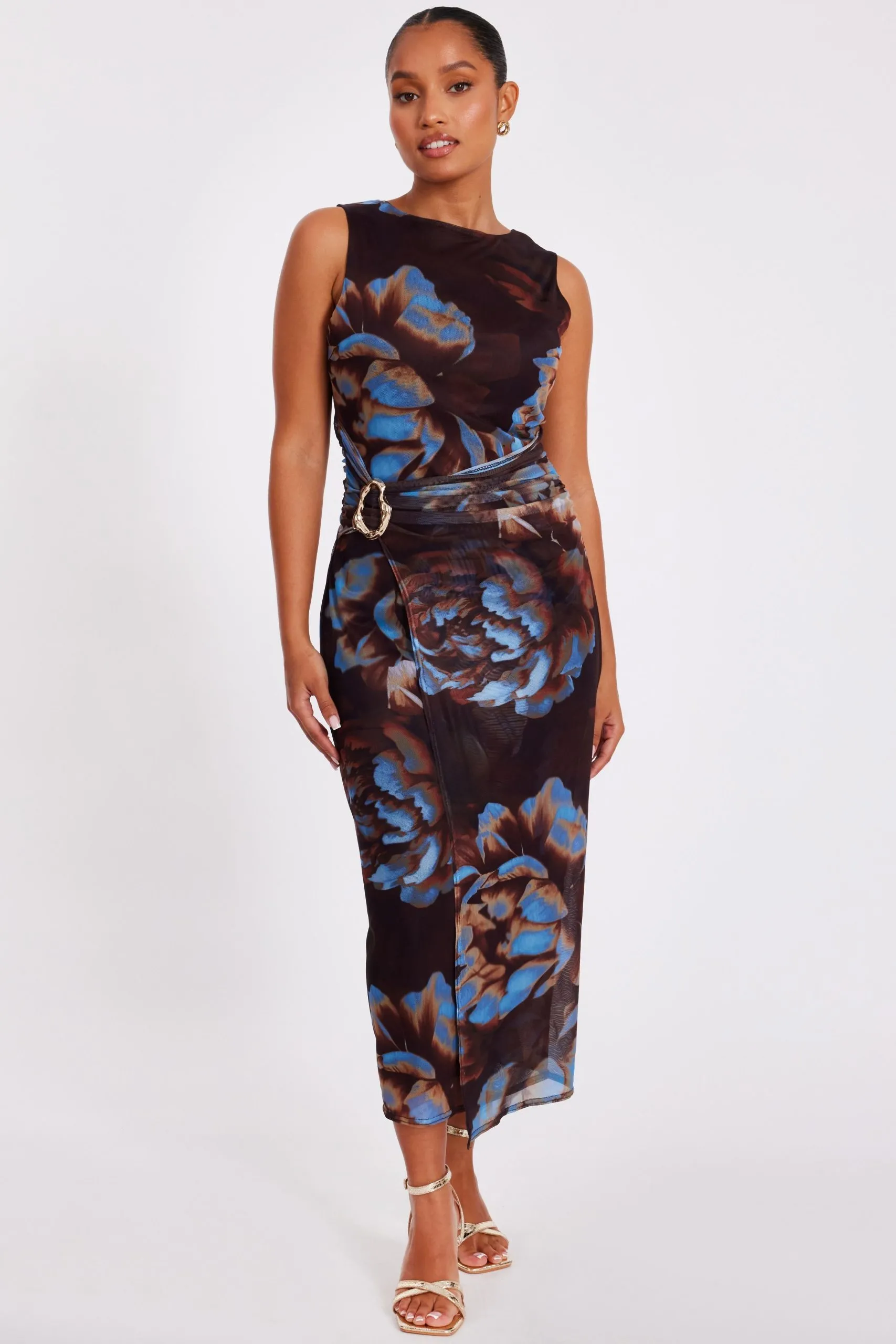 Brown Petite Floral Mesh Midaxi Dress