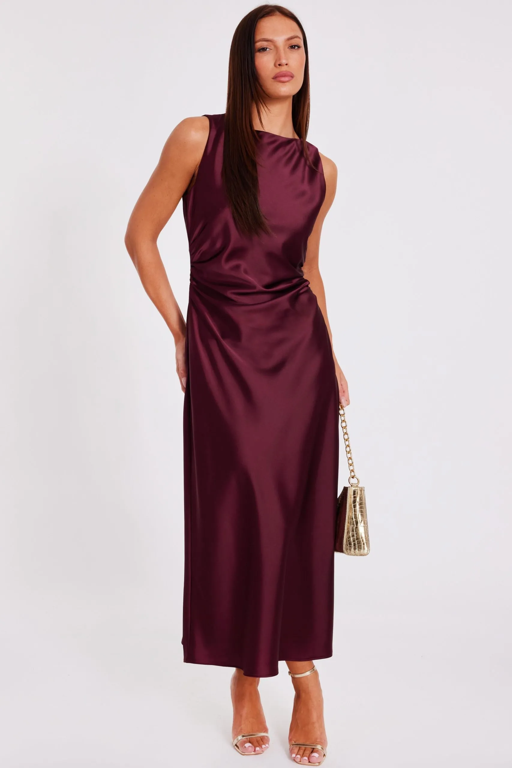 Red Satin Ruched Midaxi Dress