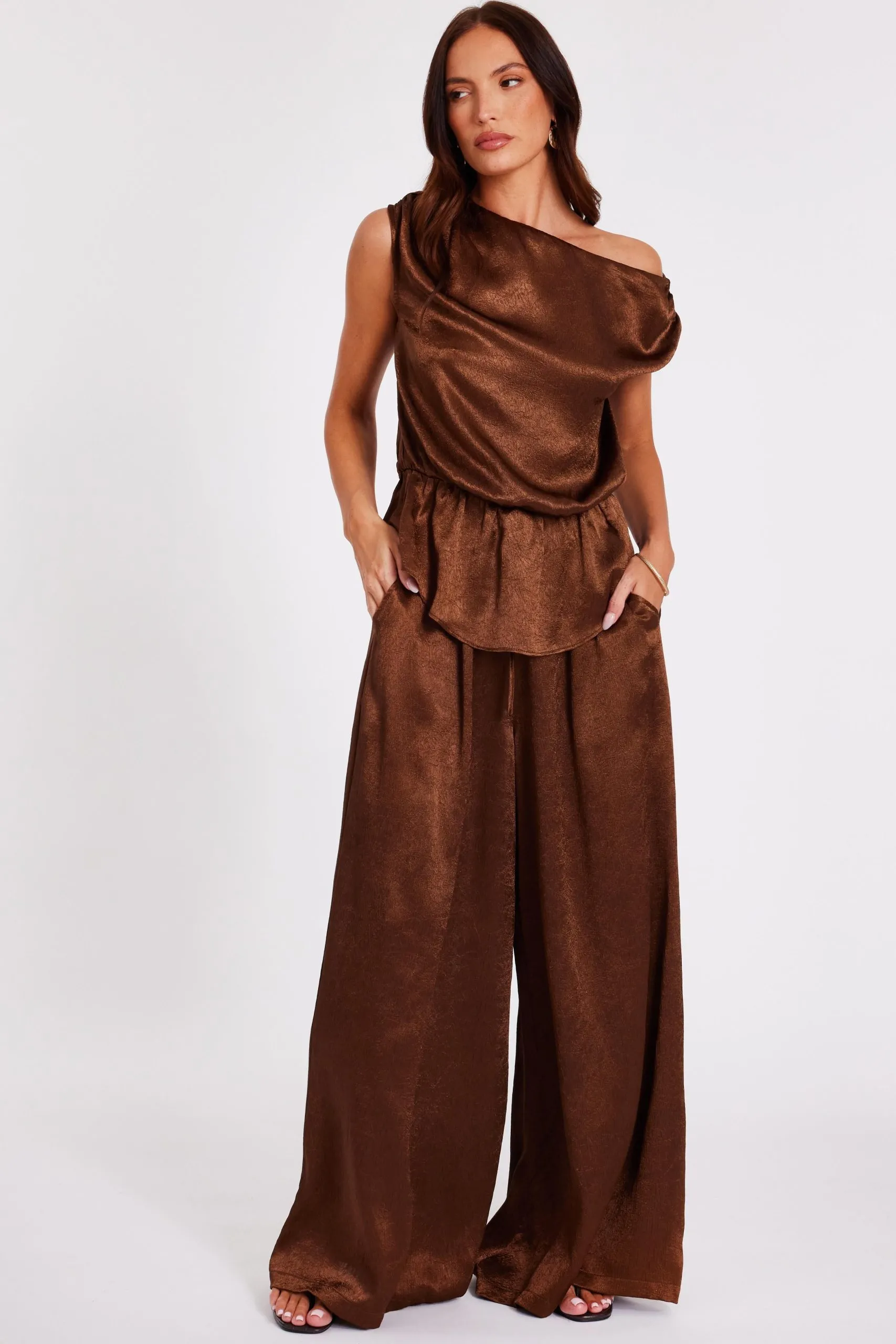Brown Textured Satin Palazzo Trousers