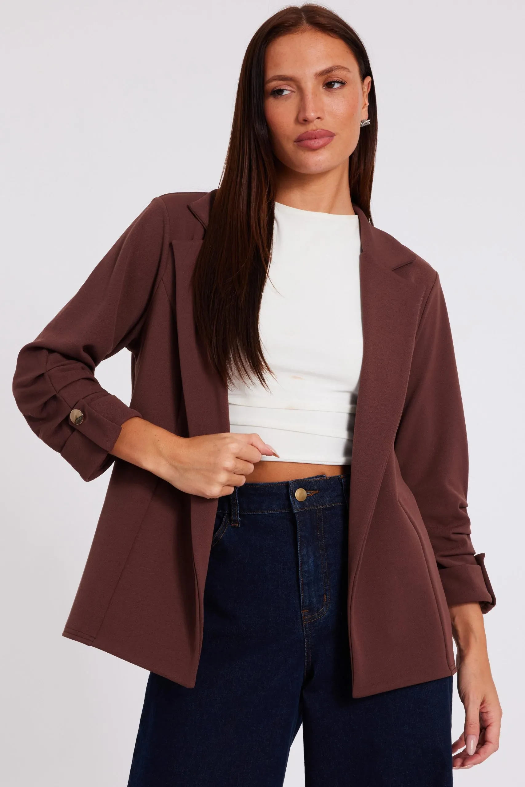 Brown Ruched Sleeve Blazer