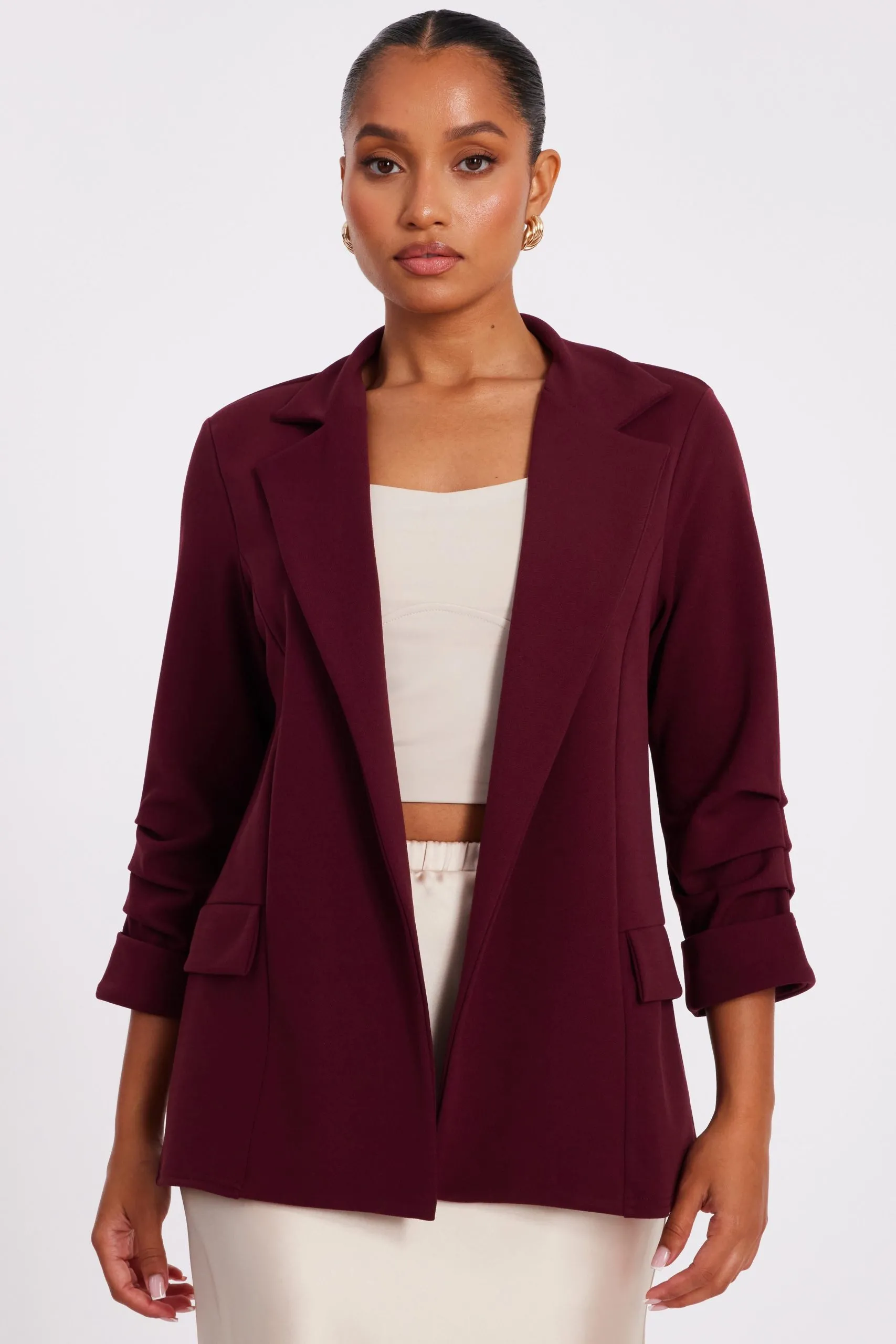 Burgundy Petite Ruched Sleeve Blazer