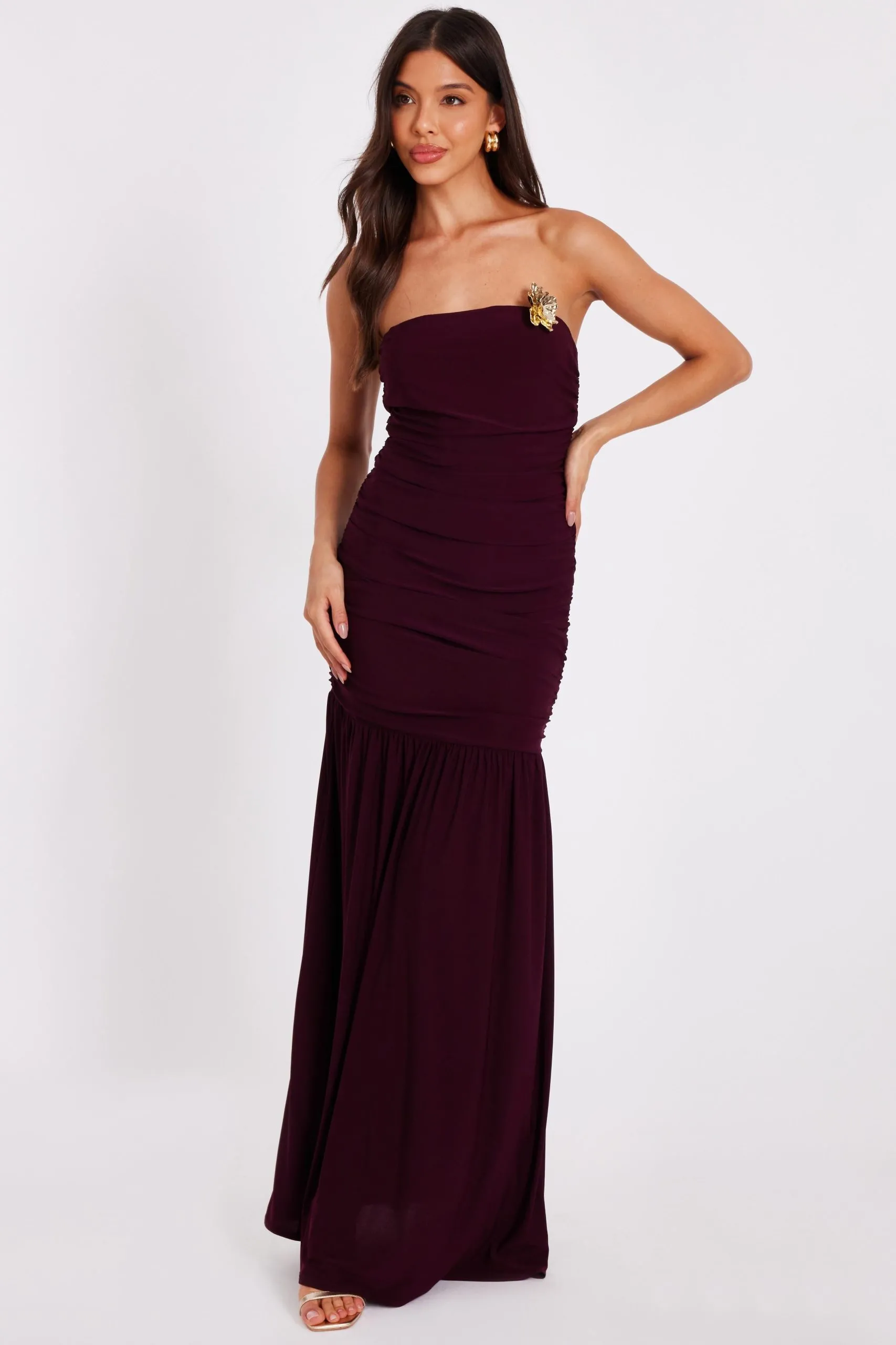 Burgundy Strapless Corsage Maxi Dress