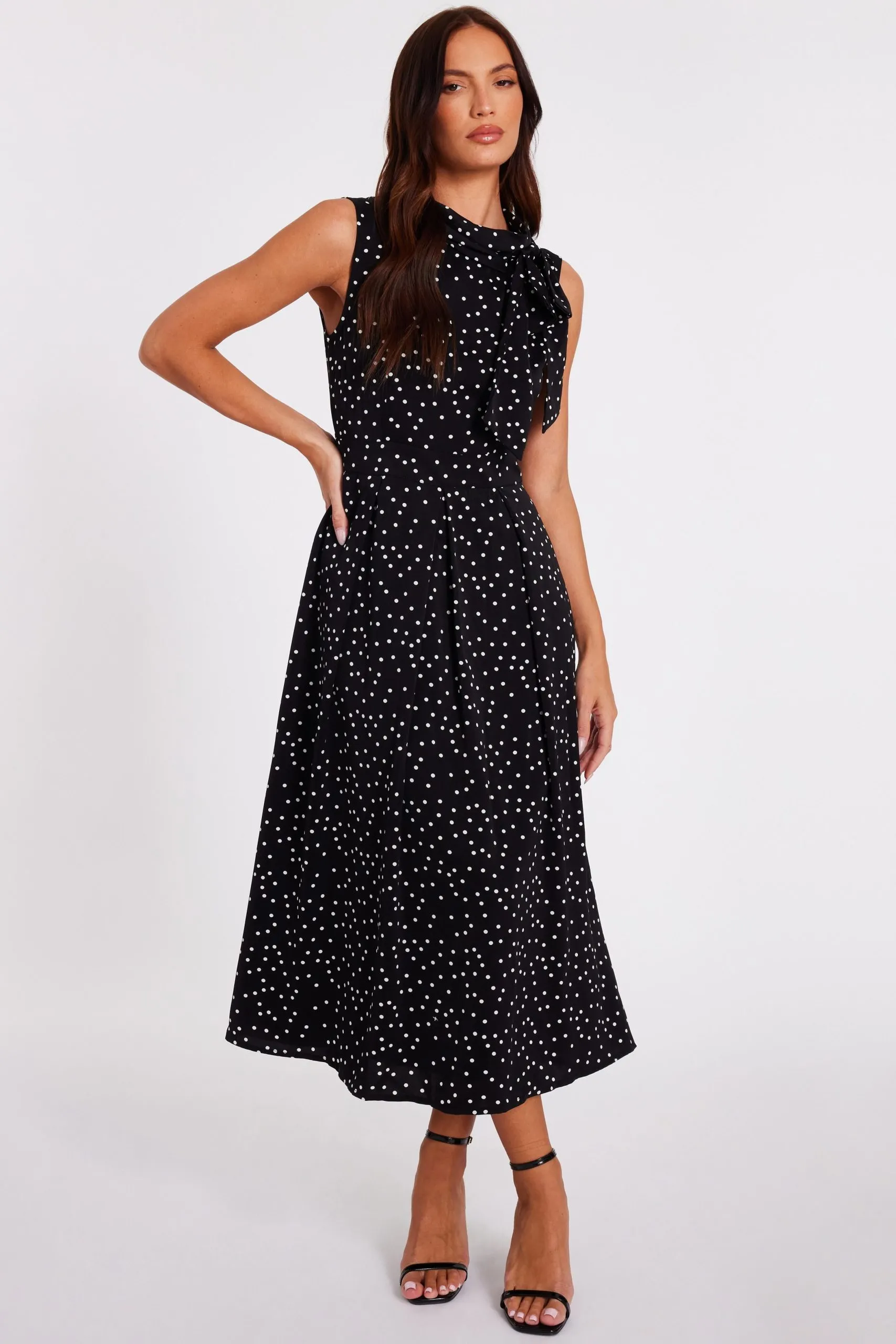 Black Tie Neck Polka Dot Midaxi Dress