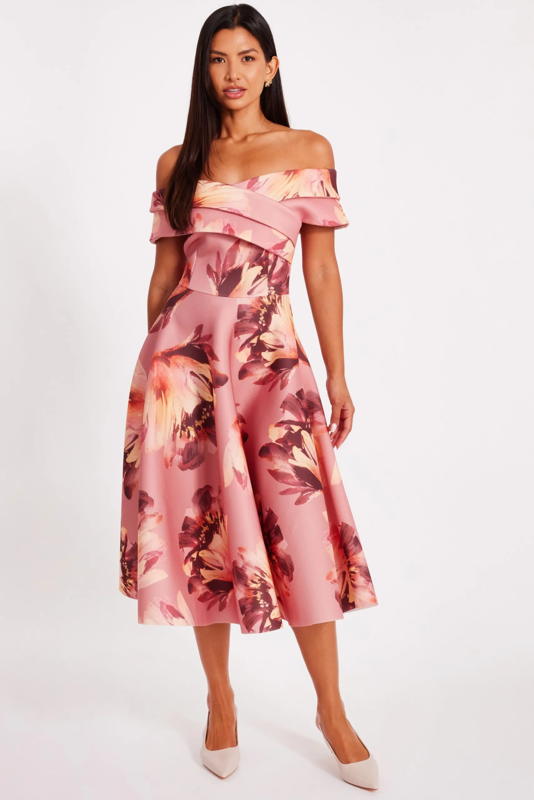 Mauve Floral Bardot Midi Dress