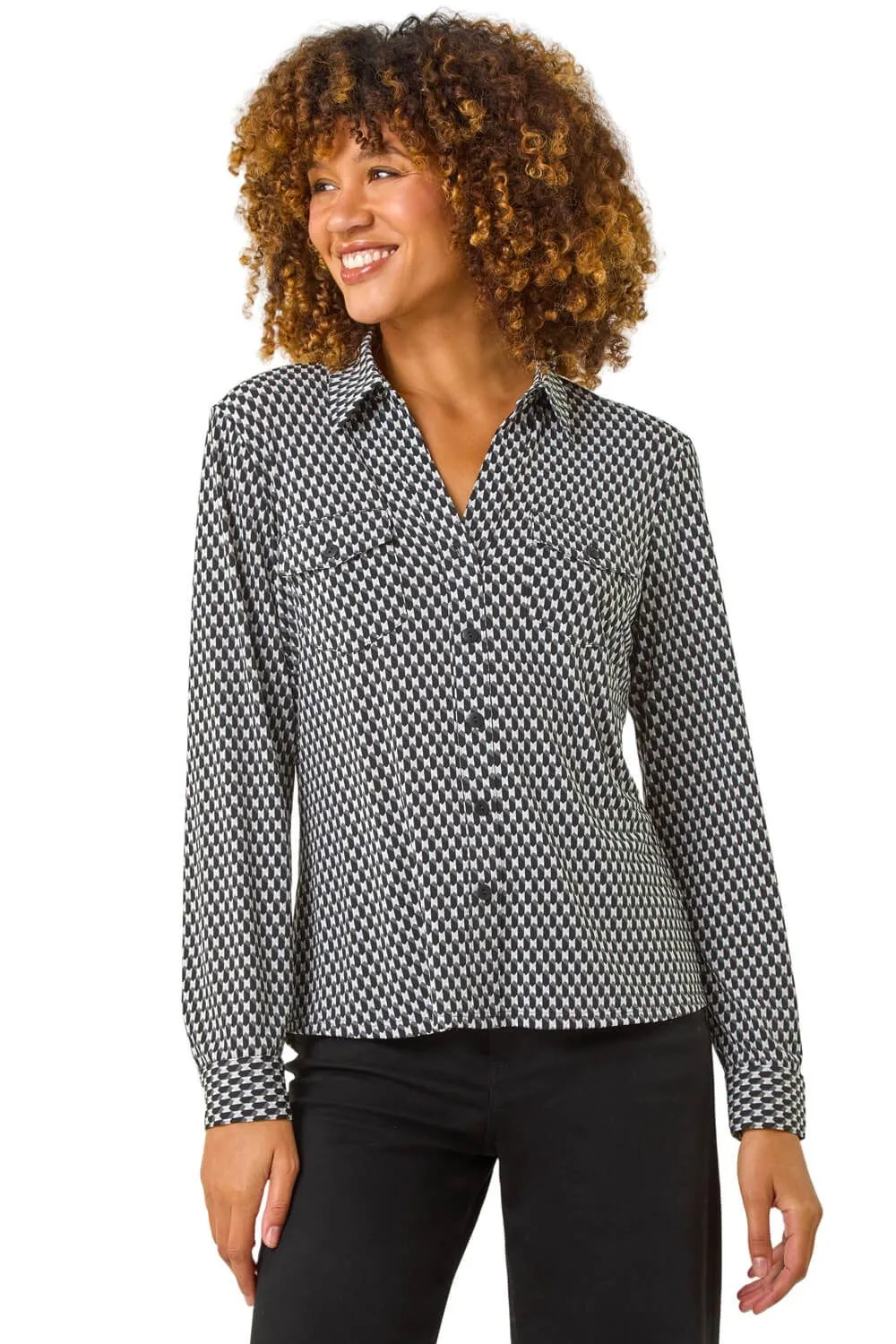 Textured Geo Print Stretch Shirt