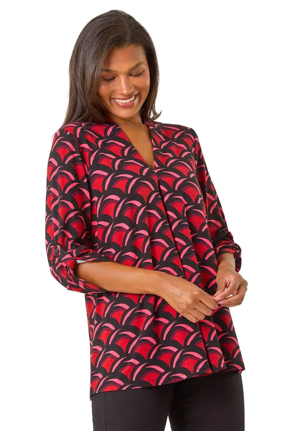 Abstract V-Neck Pleat Front Stretch Top