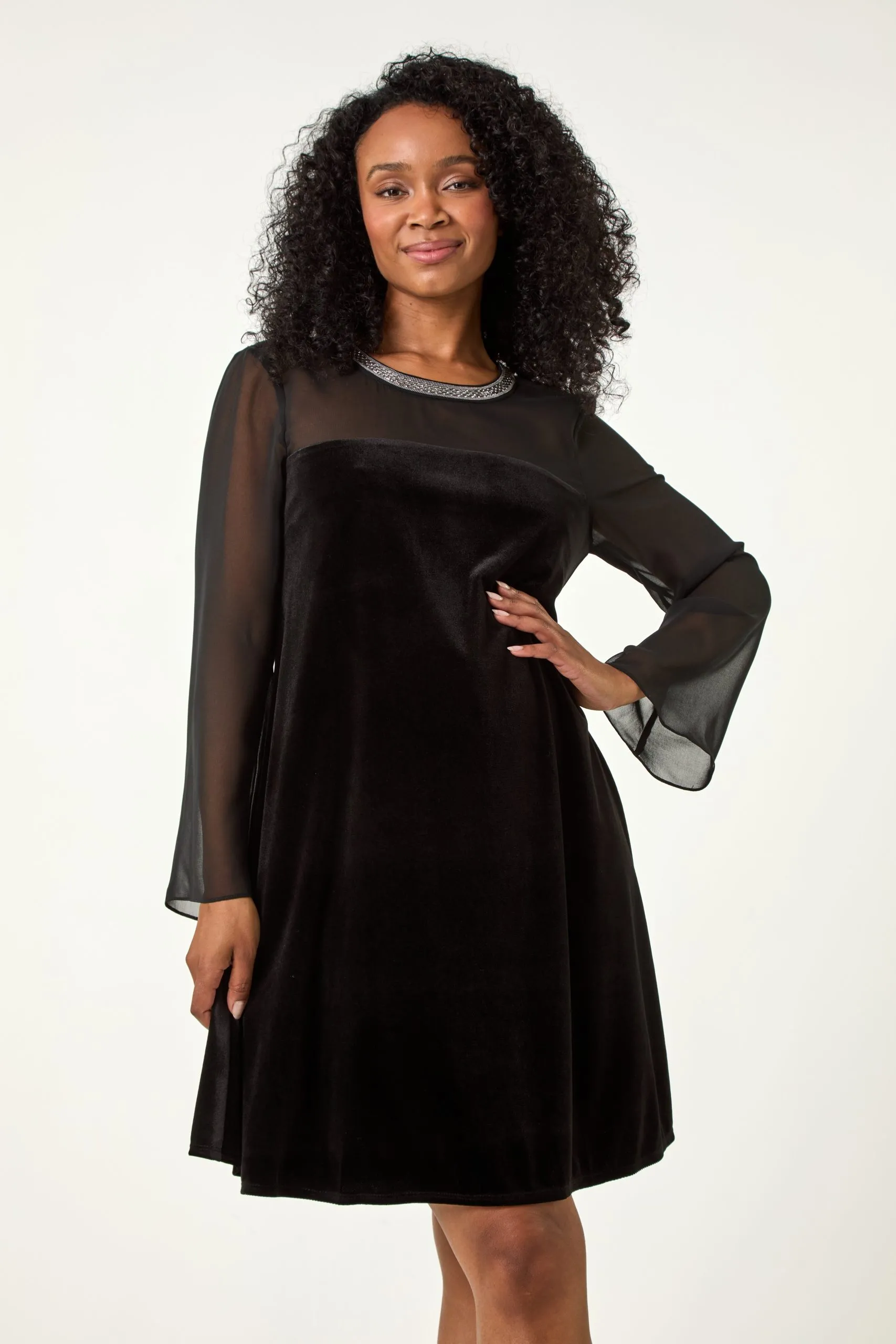 Petite Neck Trim Velvet Stretch Dress