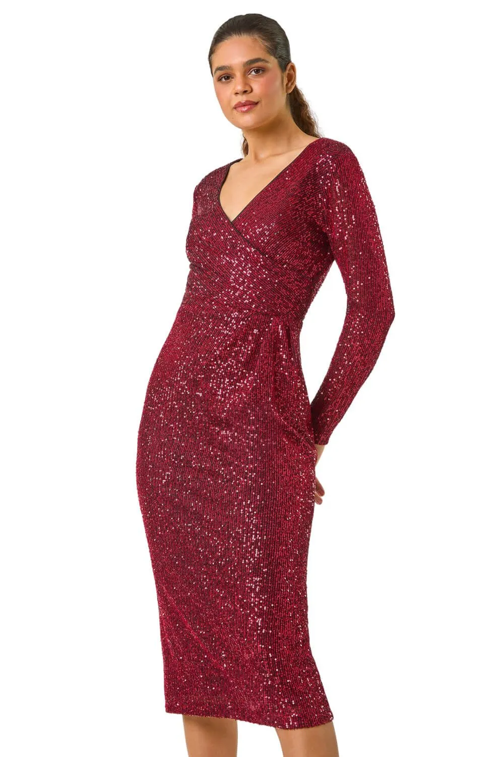 Sequin Front Wrap Midi Stretch Dress