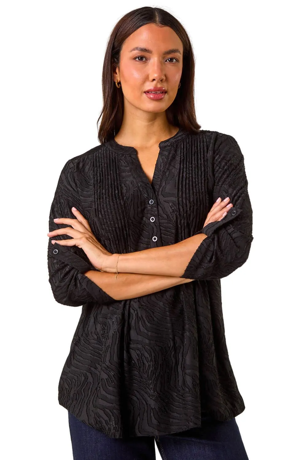 Textured Pintuck Pleat Stretch Shirt
