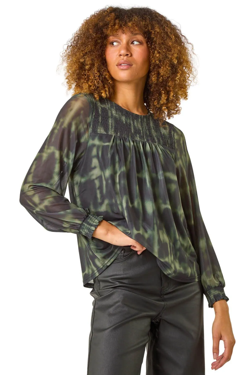 Shirred Yoke Print Mesh Top