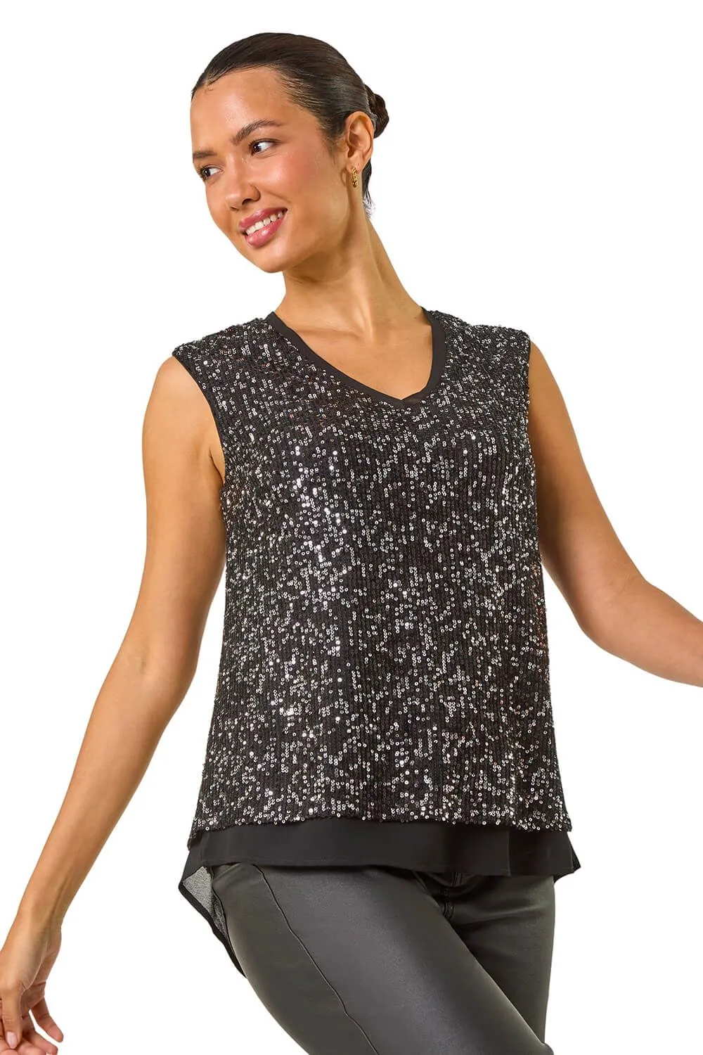 Sequin V-Neck Tunic Stretch Top