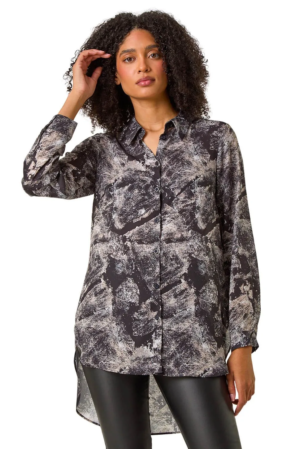 Abstract Print Collar Button Detail Blouse