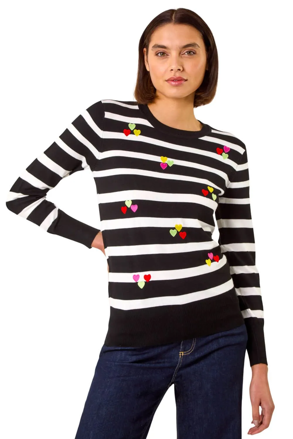 Stripe Heart Crew Neck Knit Jumper